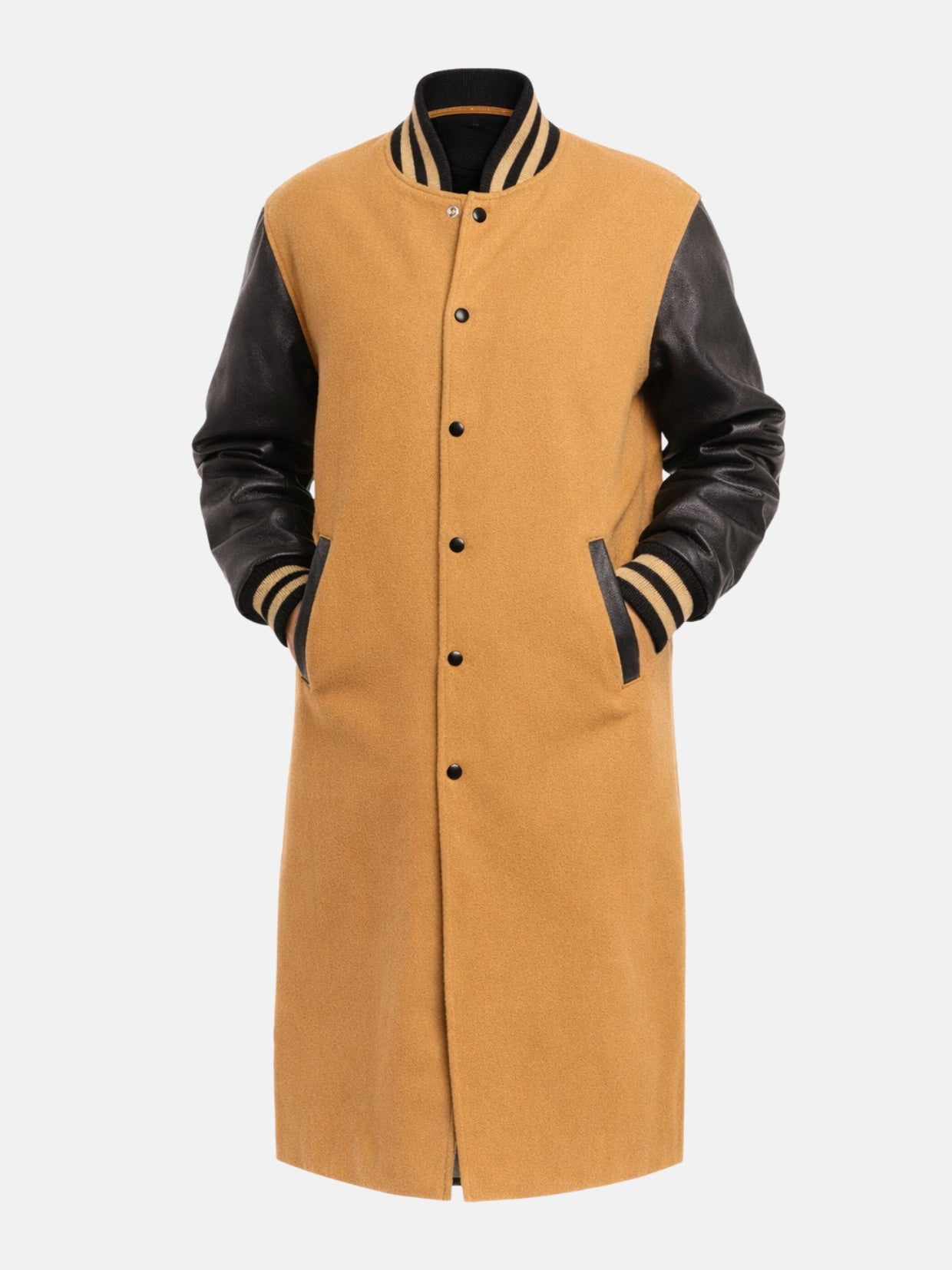 Mustard and black women's varsity coat, flat lay front