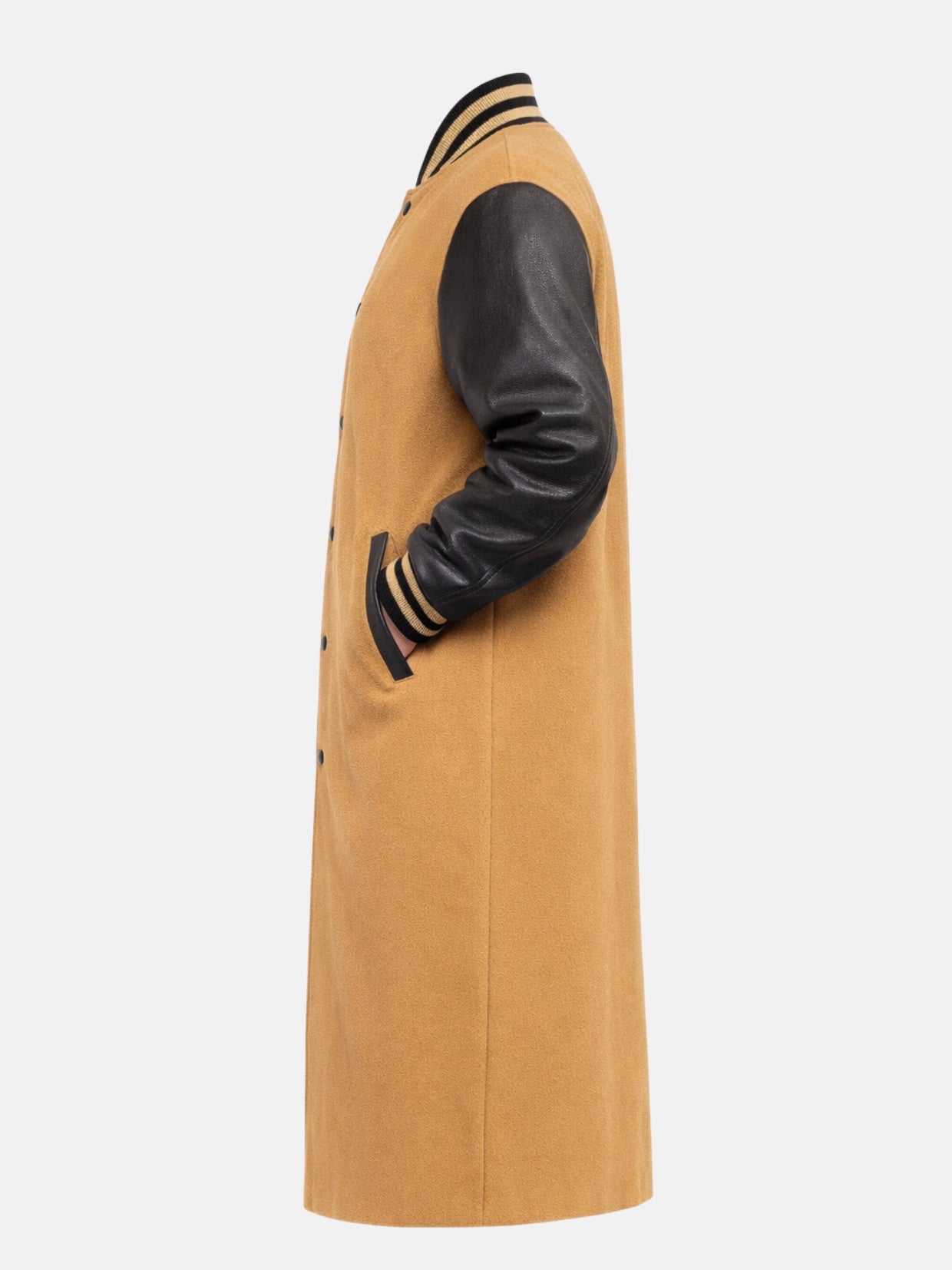 Mustard and black women's varsity coat, flat lay side profile