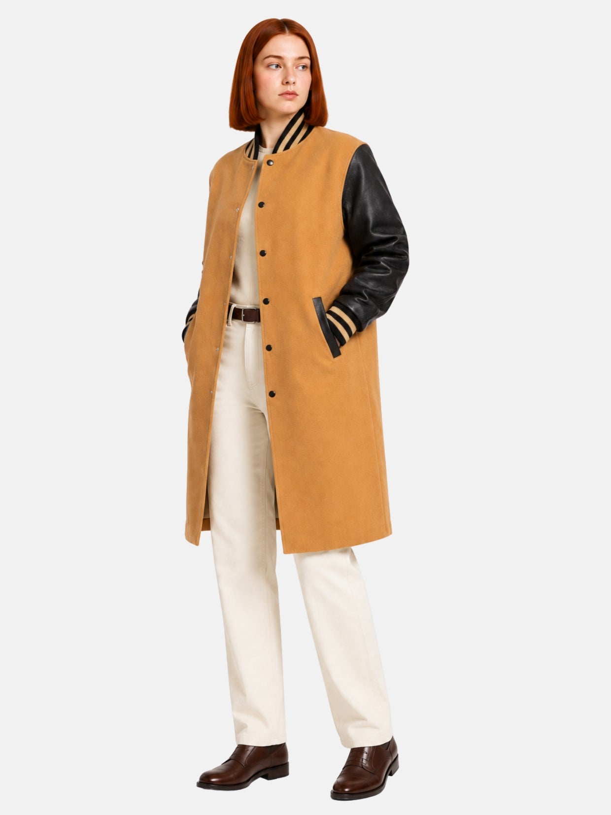 Mustard and black women's varsity coat, three-quarter front angle