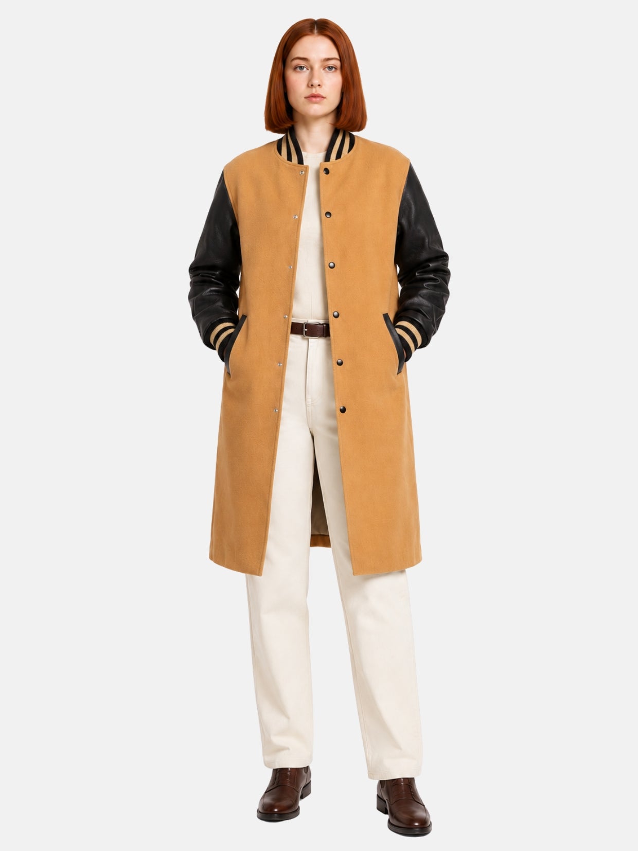 Mustard and black women's varsity coat, wool body with leather sleeves, front view