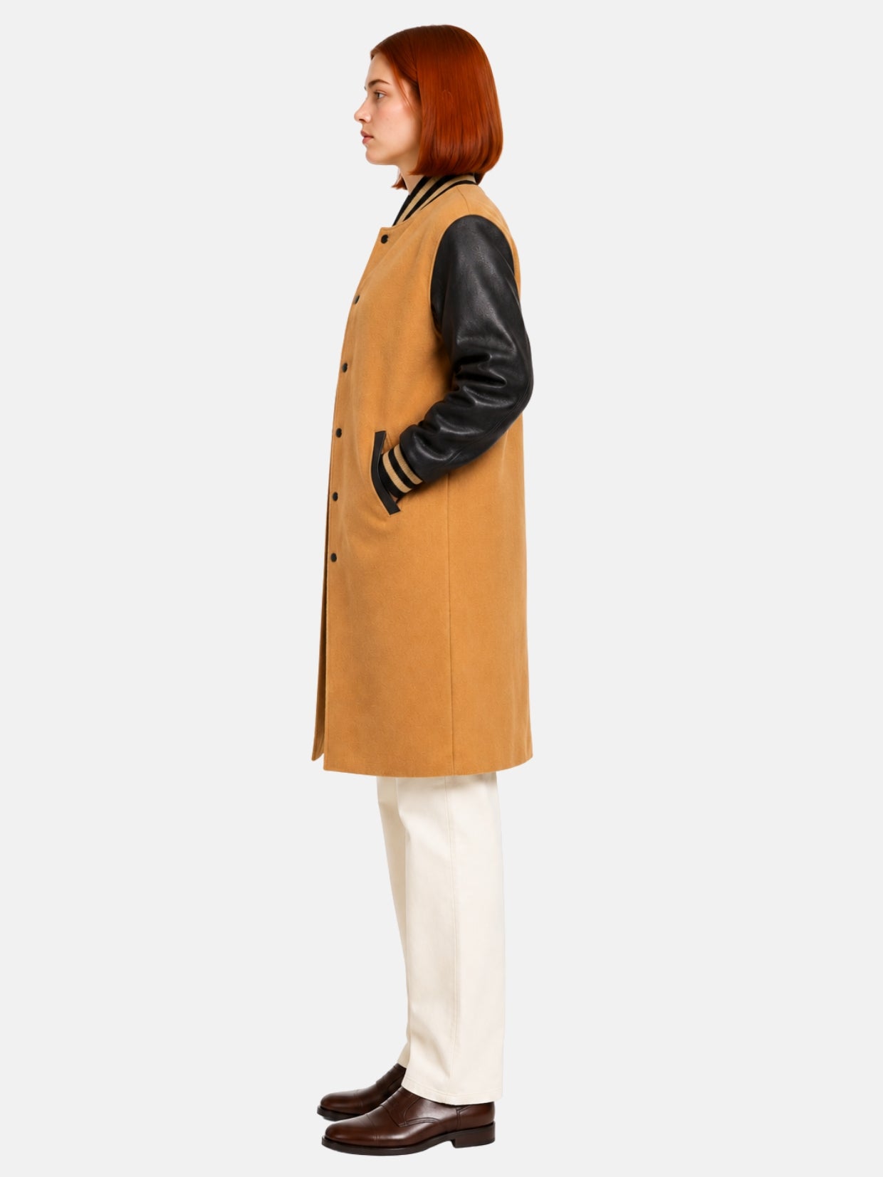 Mustard and black women's varsity coat, side profile view