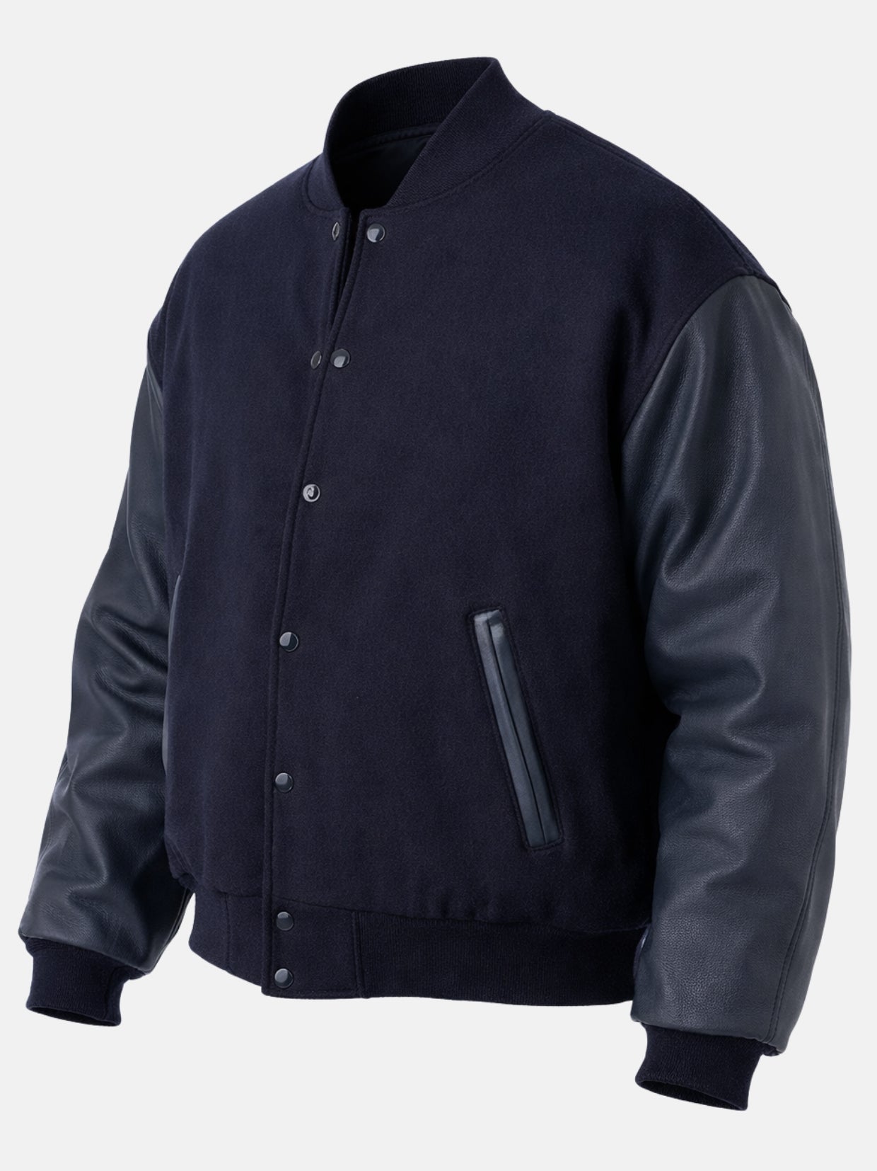 Angled front view of a navy blue oversized varsity jacket with leather sleeves