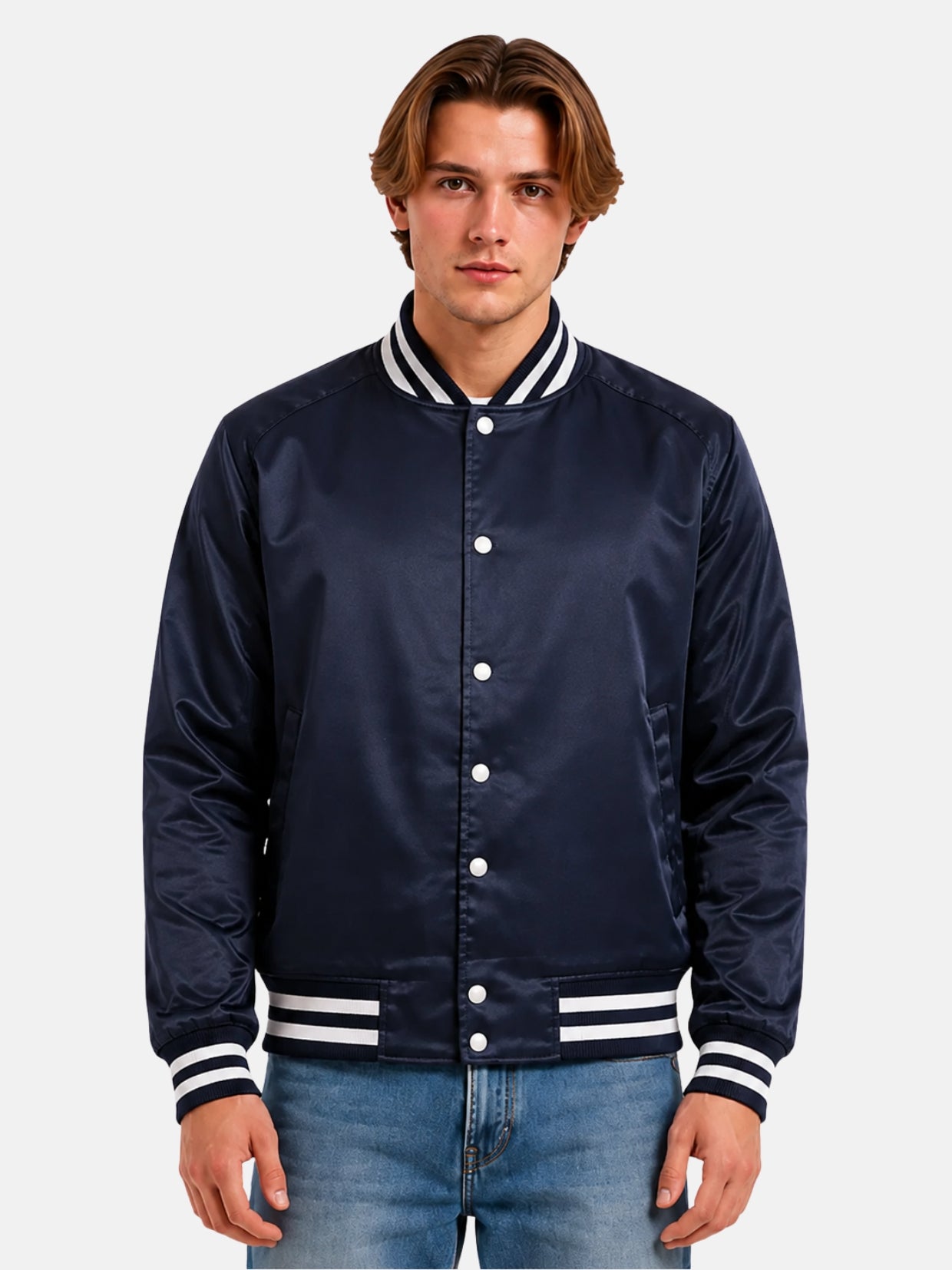 Man wearing a navy satin varsity jacket in bomber style with striped rib trims