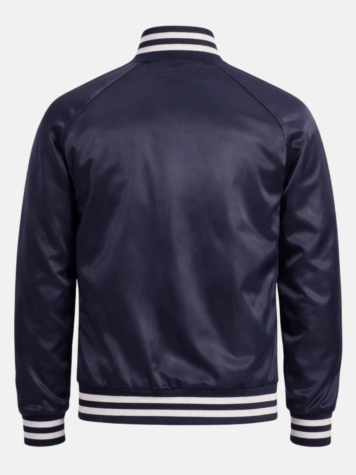 Flat back shot of navy bomber-style varsity jacket showing raglan seams
