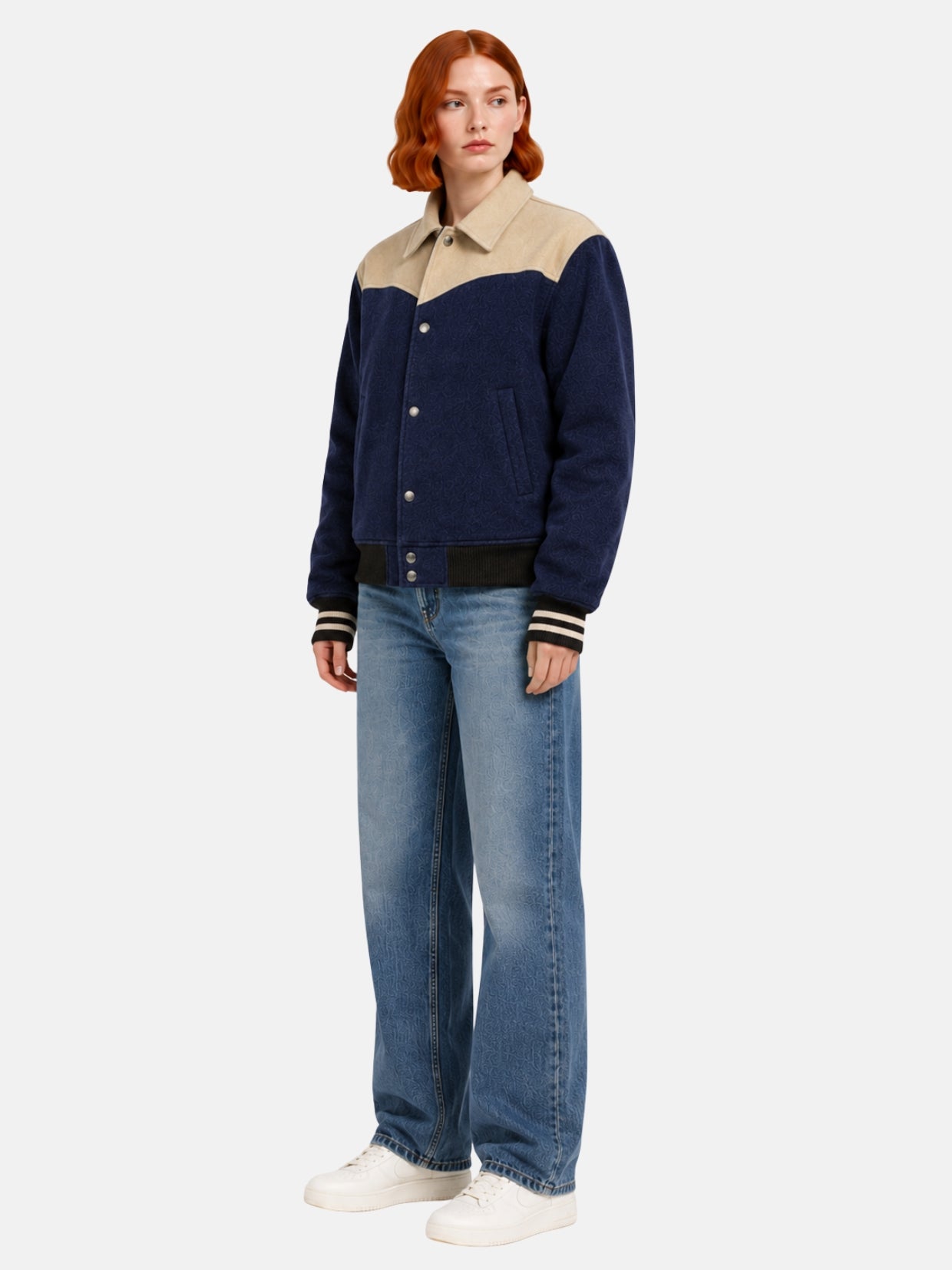 Angled full-body view of oversized navy jacket with cream yoke