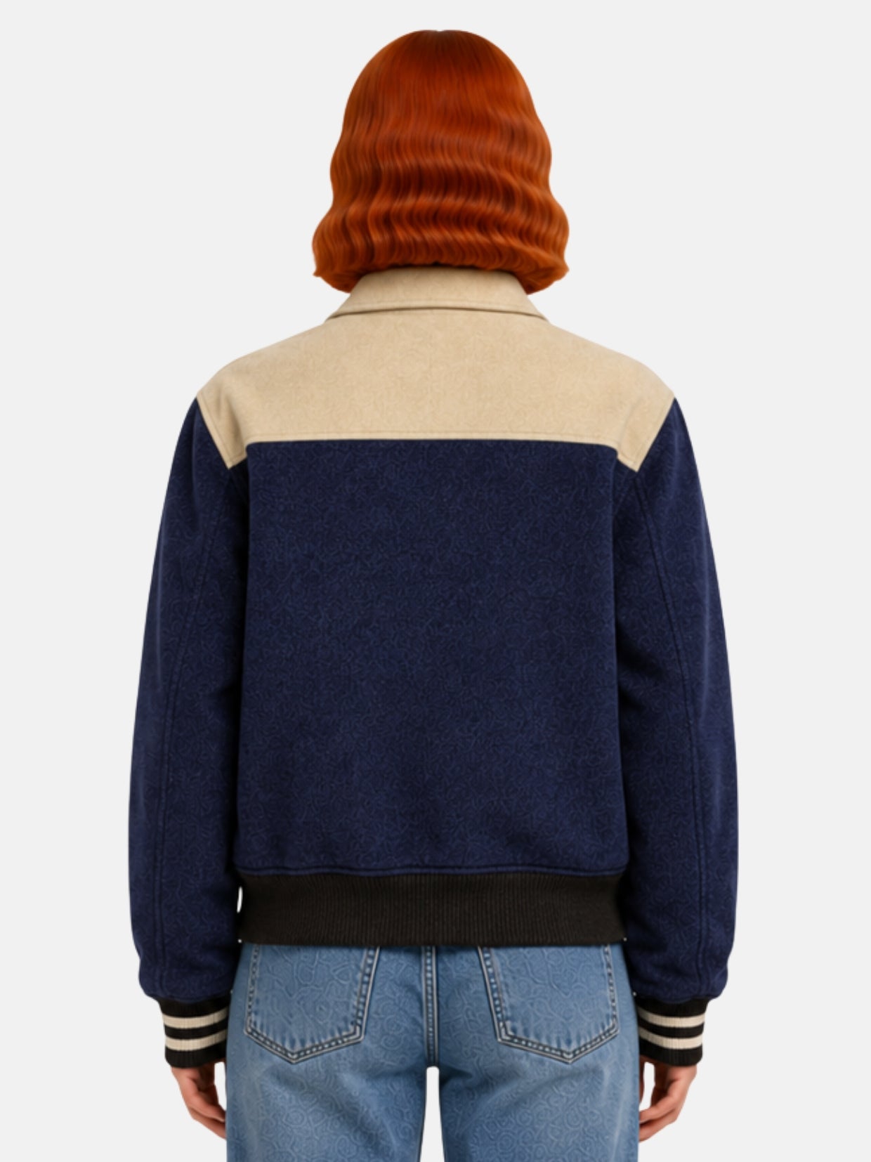 Back view of navy wool jacket with mirrored cream western yoke seam