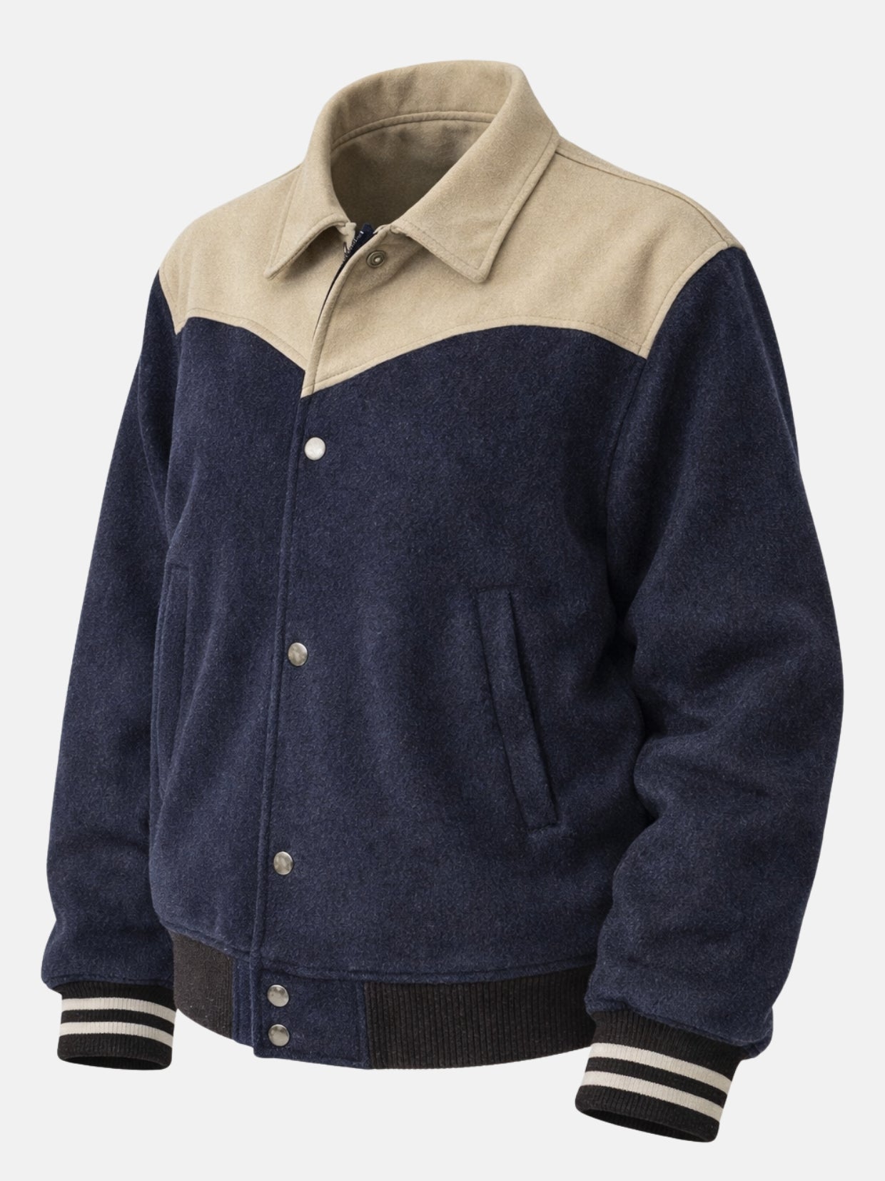 Flat lay front of navy western yoke jacket highlighting snap collar