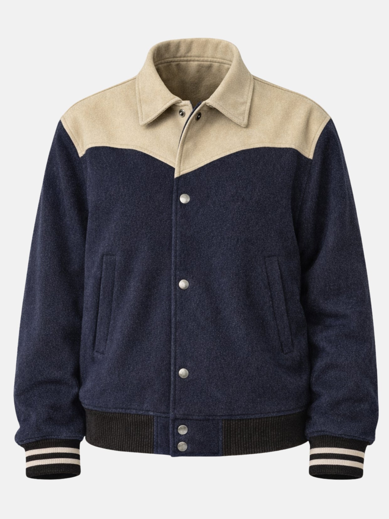 Flat lay front of navy jacket with cream western yoke and point collar