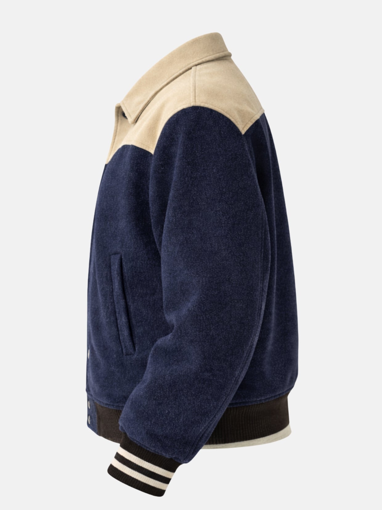 Flat lay side view of navy jacket with cream double-stripe cuff