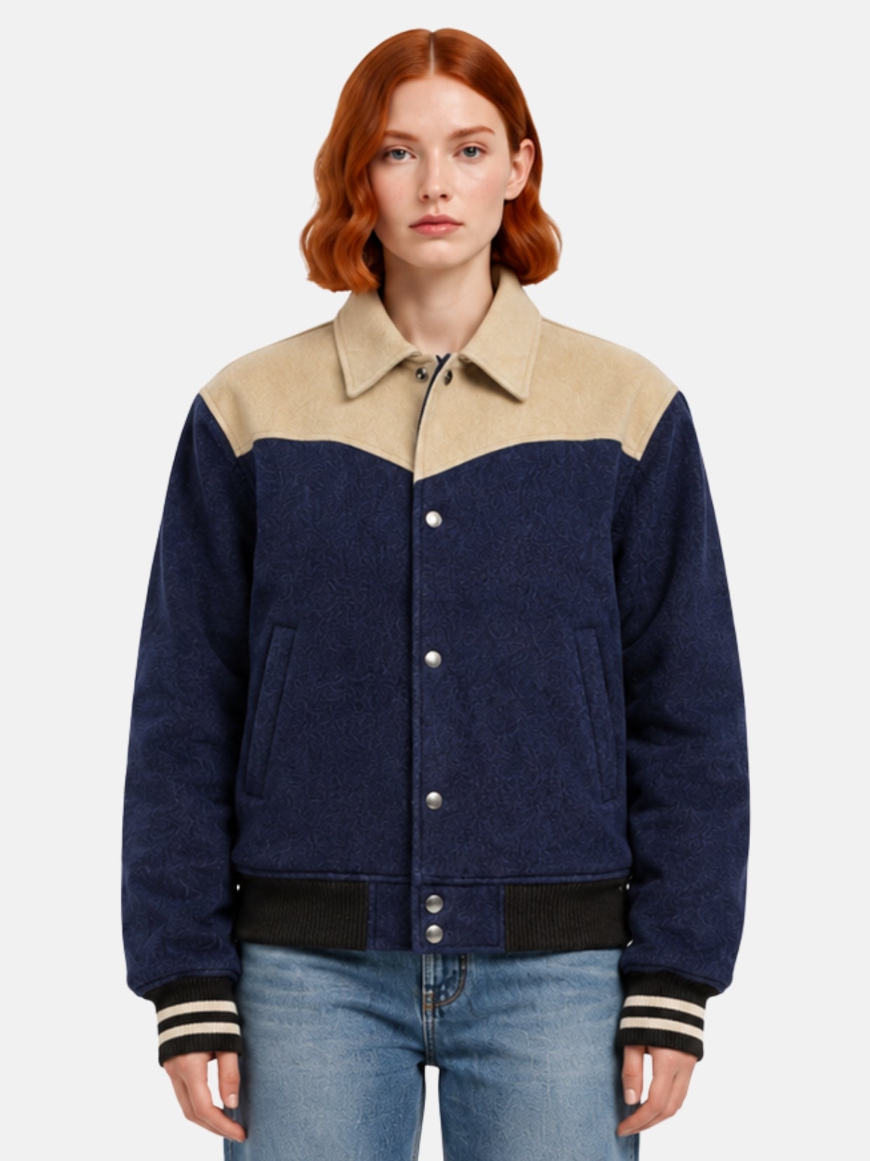 Navy wool jacket with cream contrast western yoke and point collar