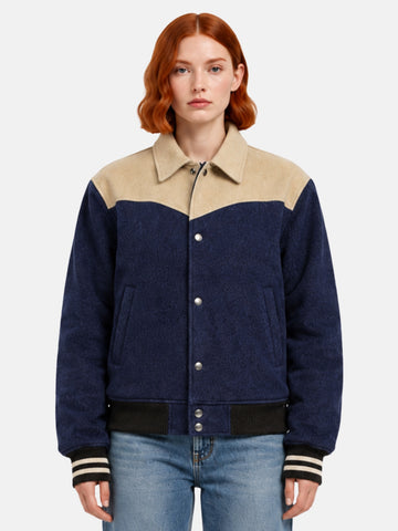 Navy wool jacket with cream contrast western yoke and point collar