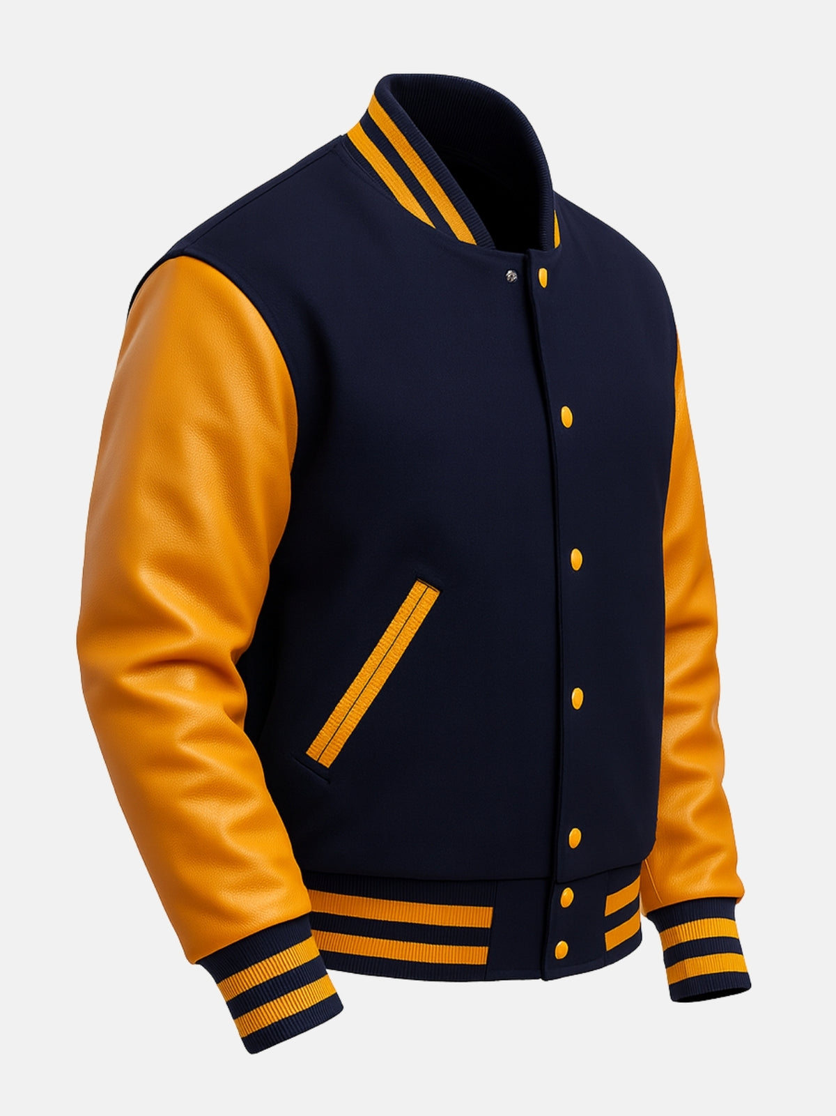 Angled view of navy melton wool varsity jacket with pebbled gold leather sleeves and gold snap buttons