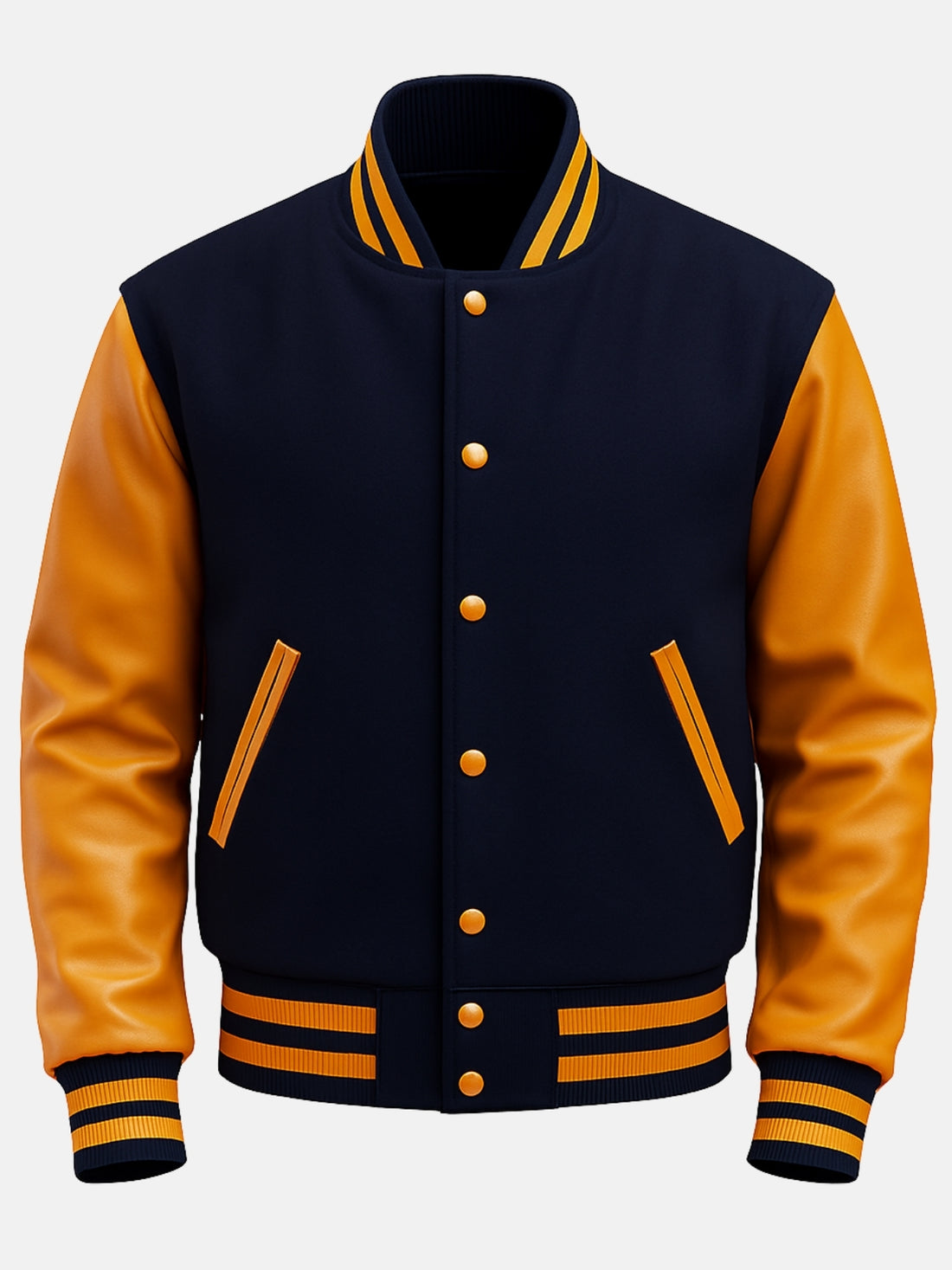 Man wearing navy wool varsity jacket with gold leather sleeves and striped rib-knit collar, size Medium