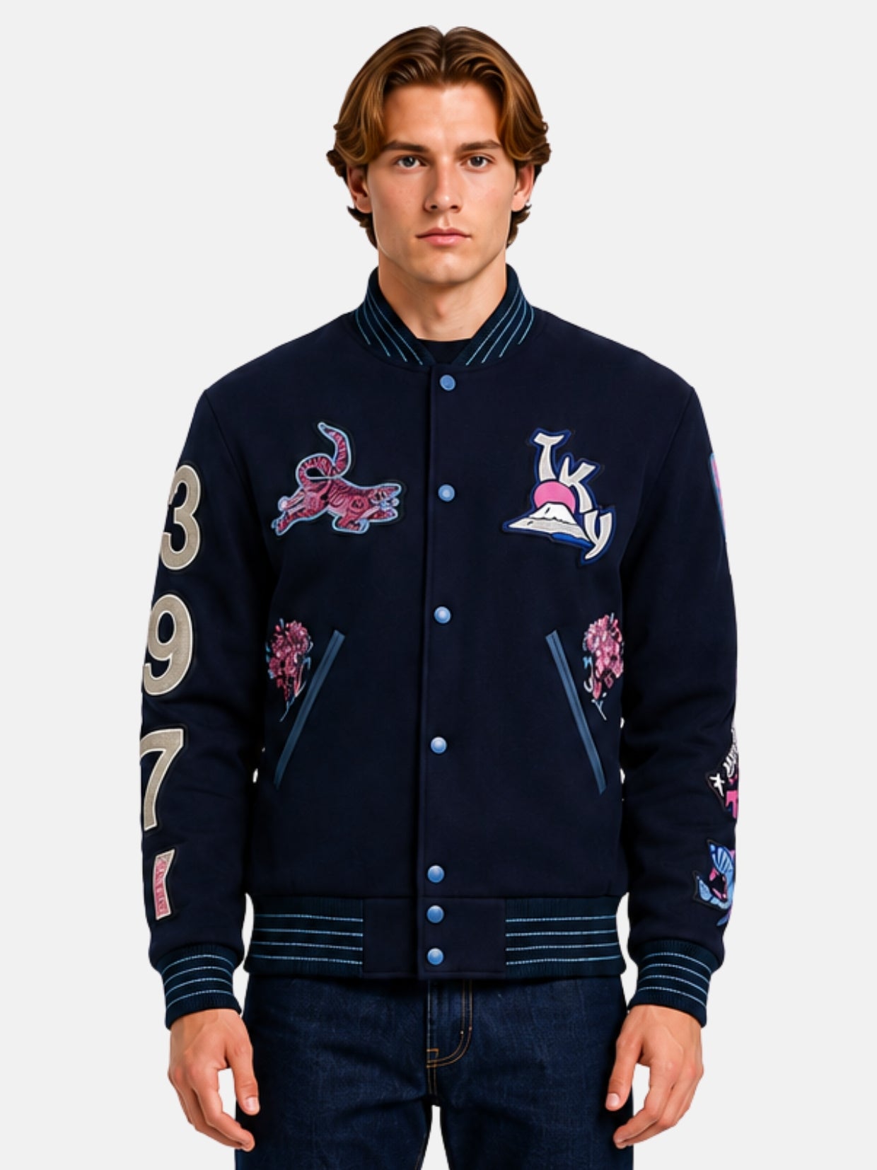 Man wearing a navy Japanese varsity jacket with tiger patch and TKY Fuji crest