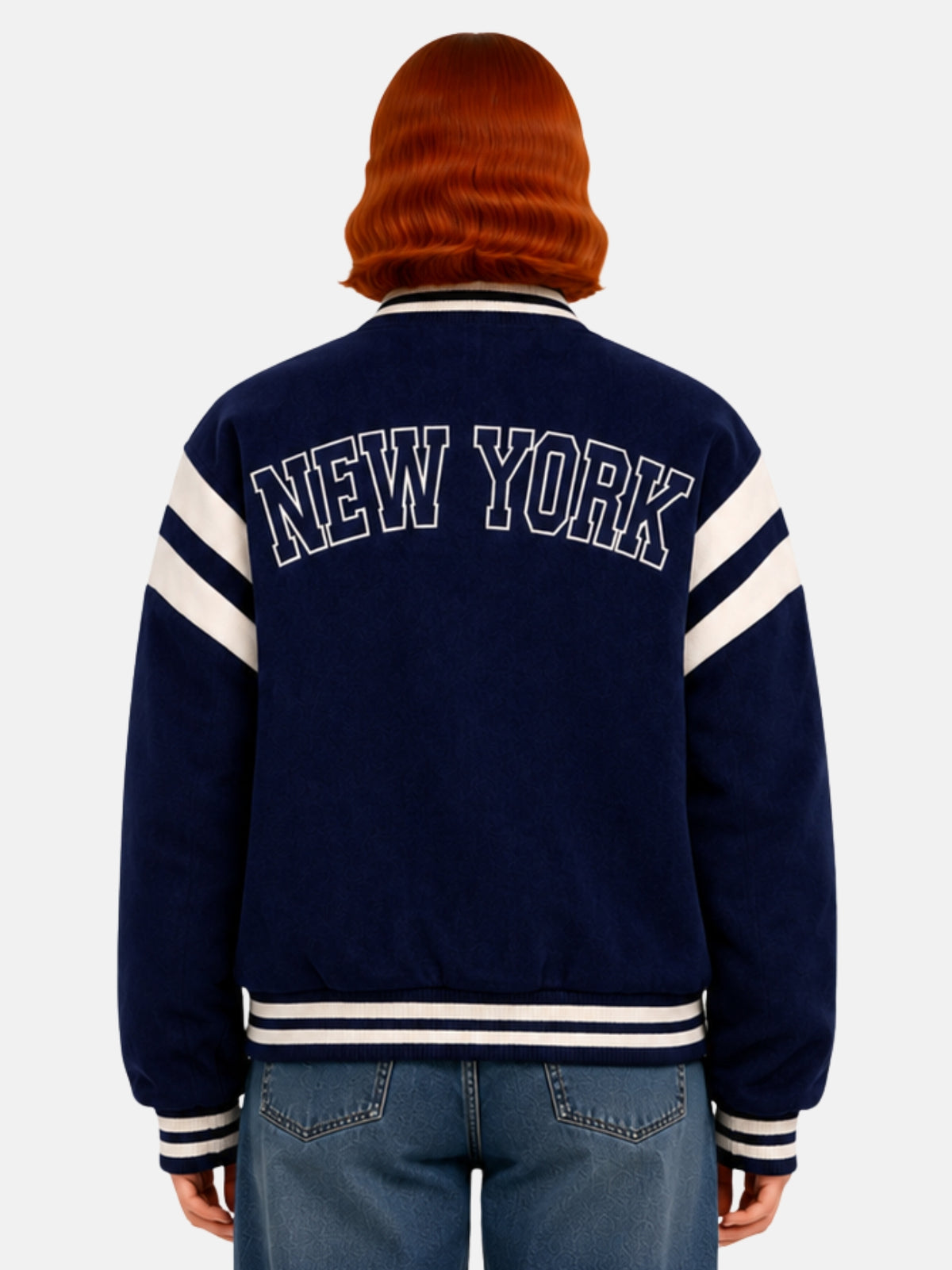 Back view of navy wool jacket with large embroidered New York wordmark