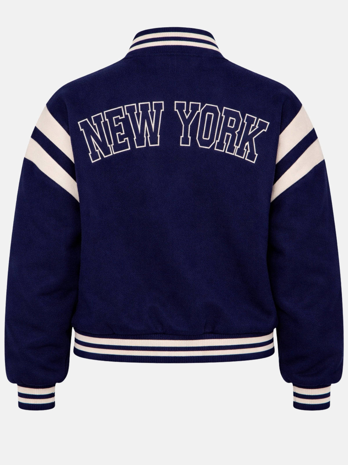 Flat lay back of navy jacket showing full New York back embroidery