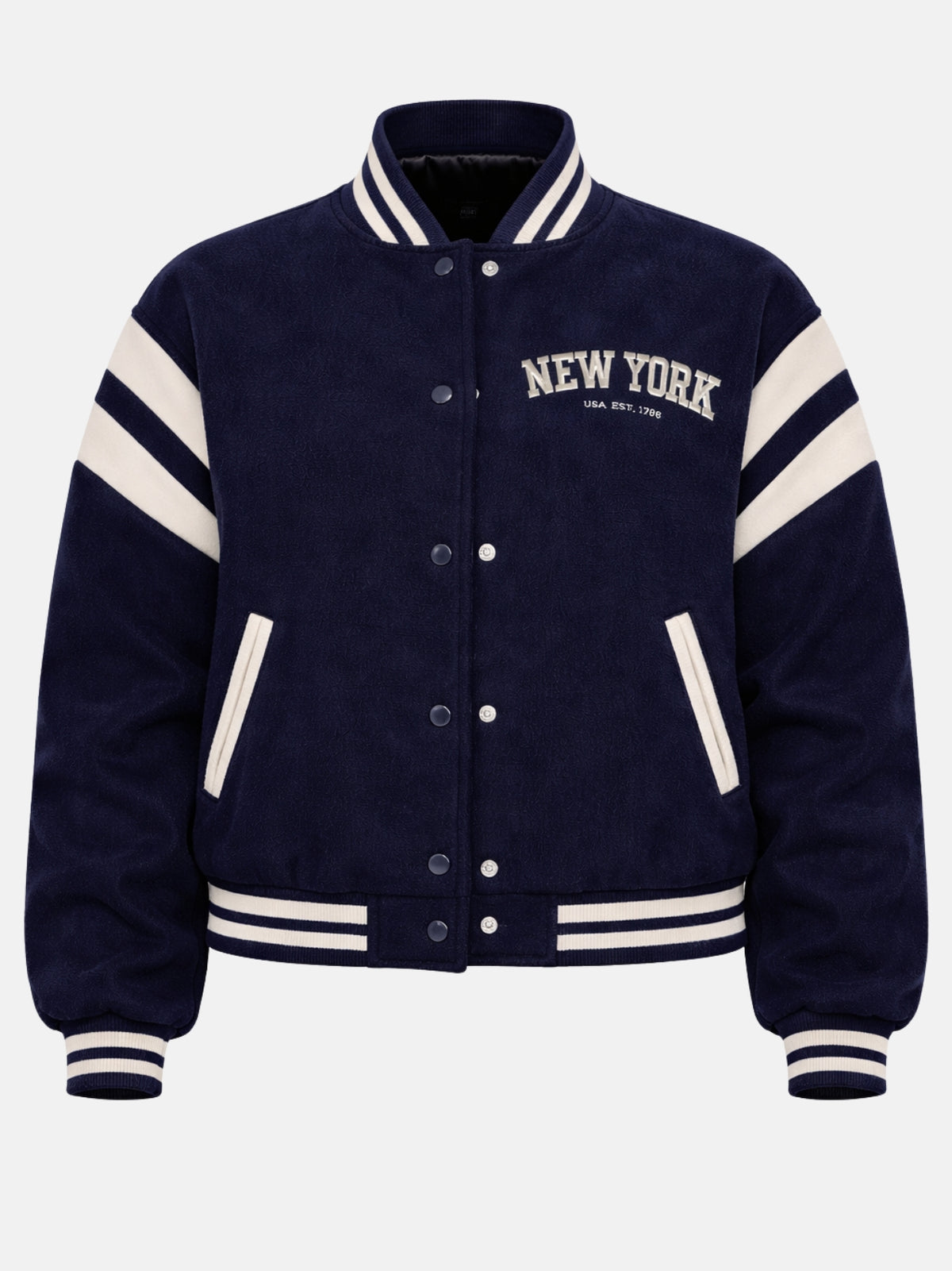 Flat lay front of navy varsity jacket with New York chest embroidery
