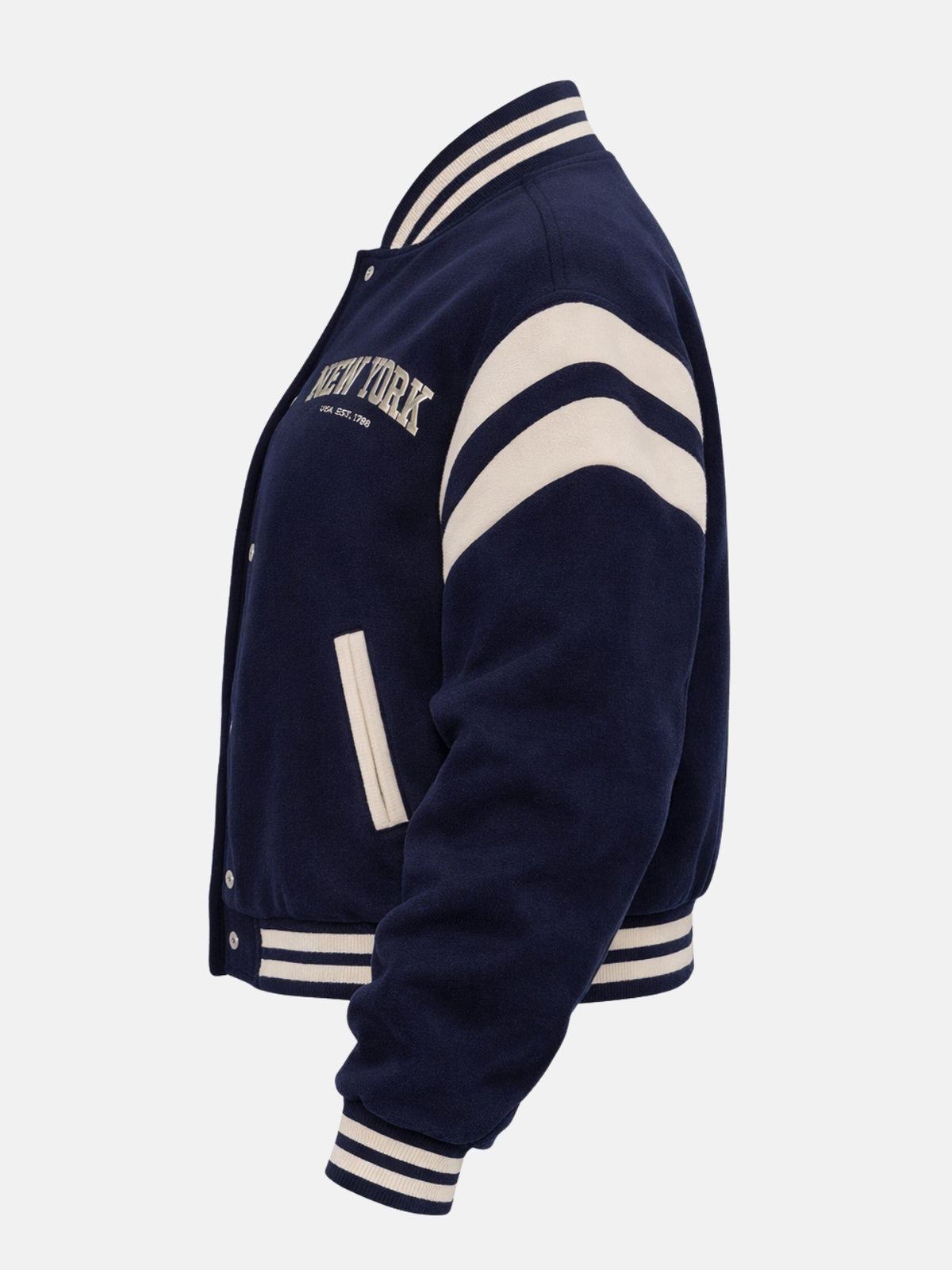 Flat lay side view of navy varsity jacket with chevron sleeve stripe