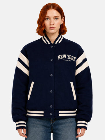 Navy wool varsity jacket with embroidered New York chest patch