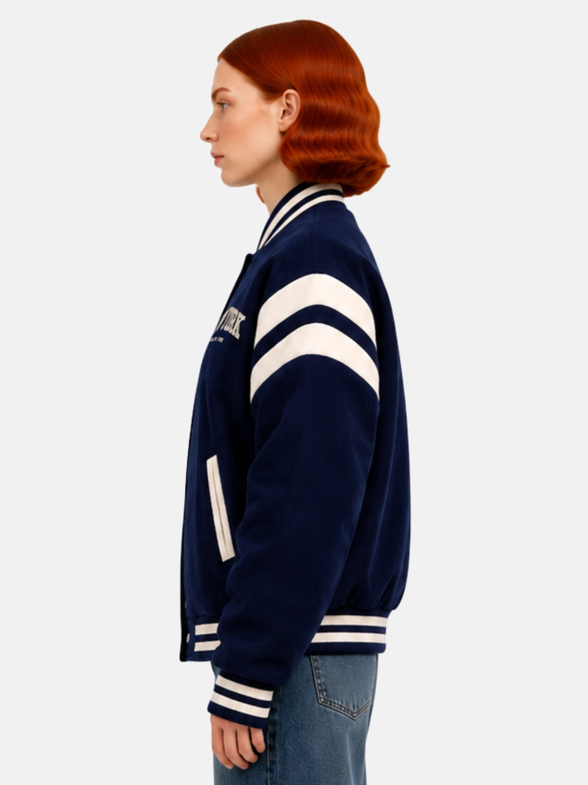 Side profile of navy varsity jacket showing cream chevron sleeve stripes