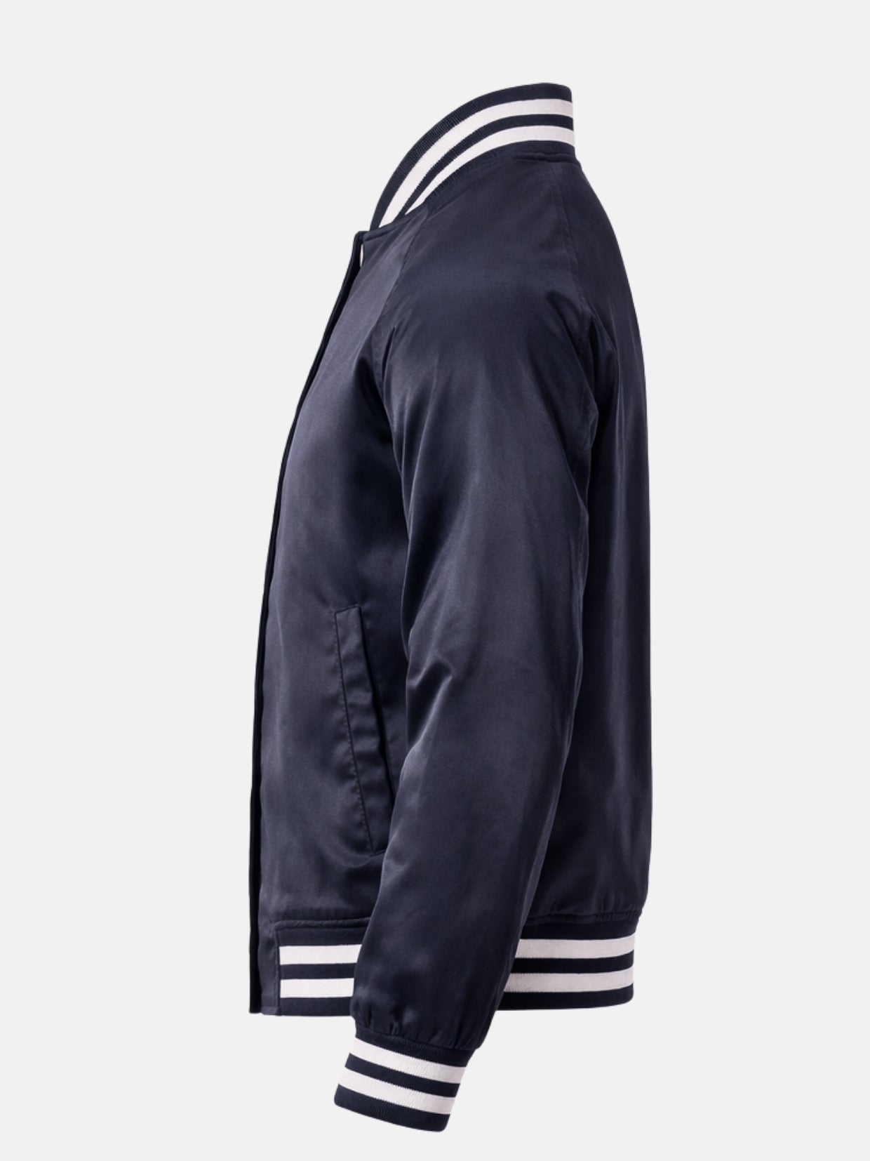 Flat side view of navy satin bomber varsity jacket showing placket edge