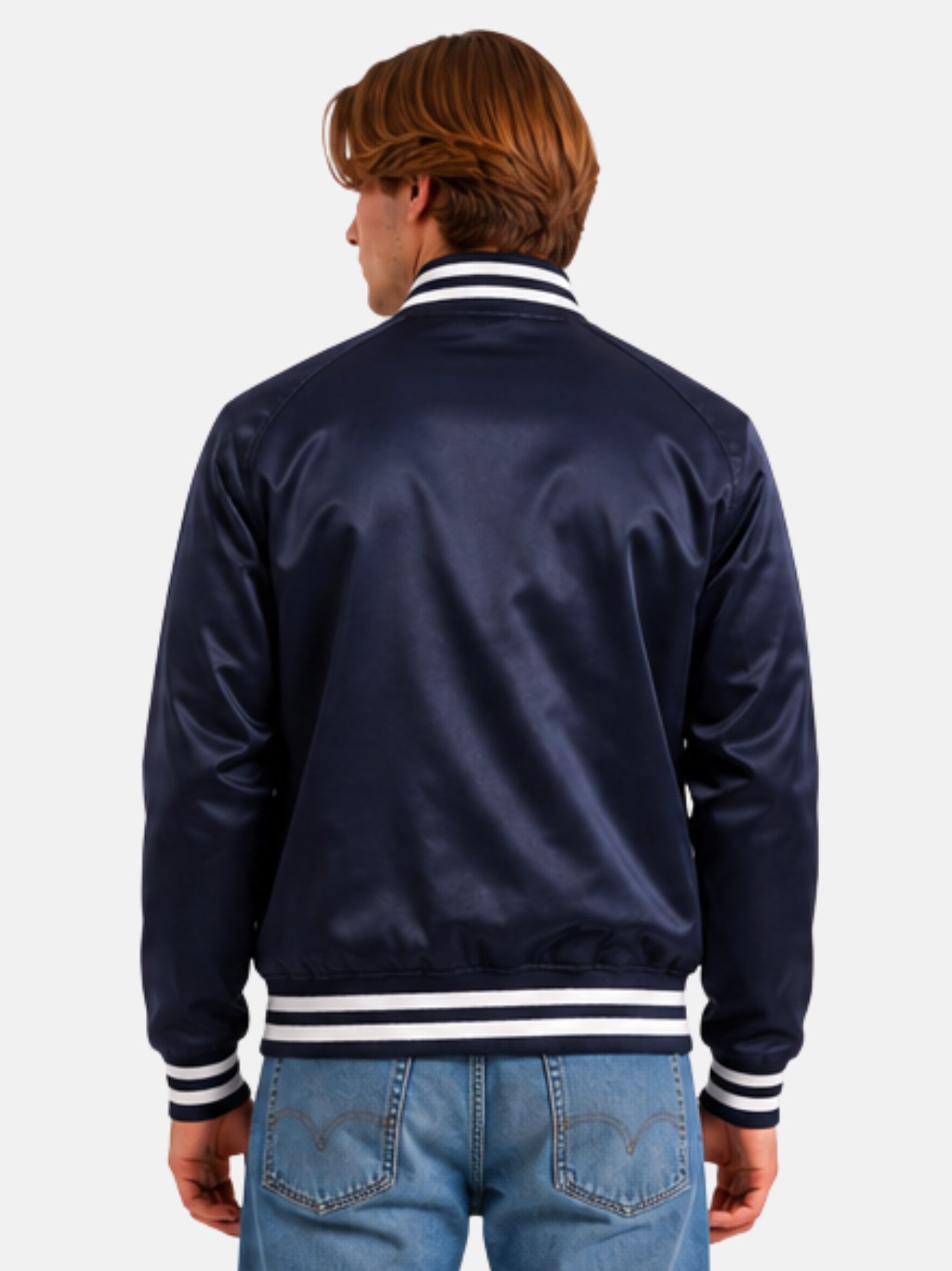 Back view of navy satin bomber-style varsity jacket with clean back panel