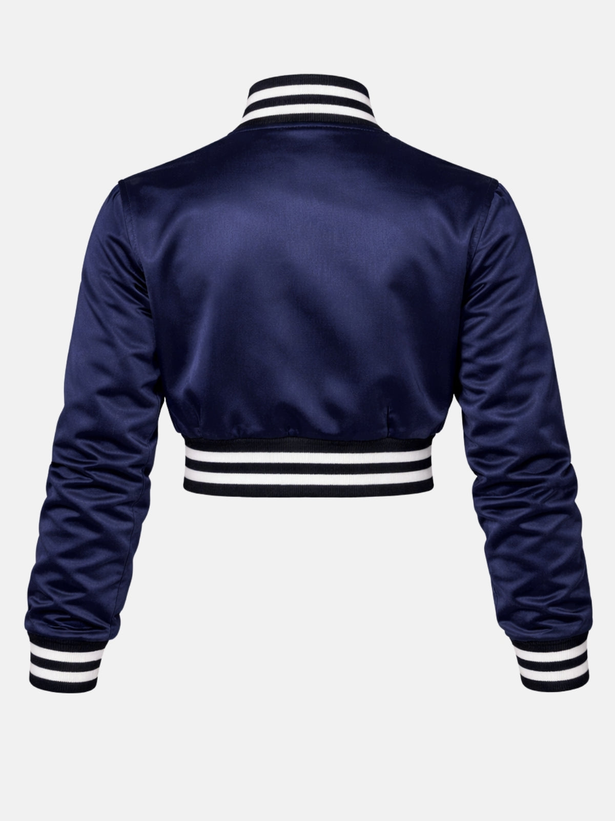 Flat lay, back, uninterrupted navy satin panel with white double-stripe collar and hem ribbing