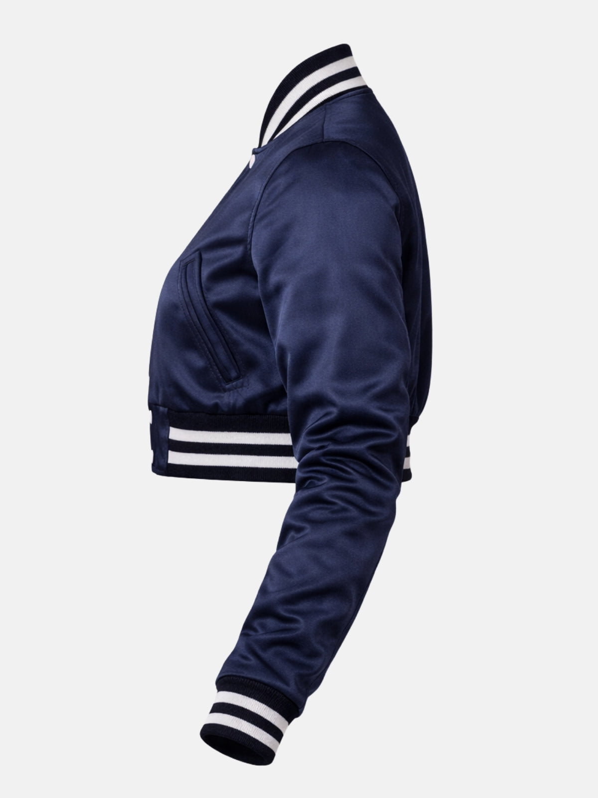 Flat lay, straight side profile, full sleeve extended showing the satin's drape from shoulder to cuff