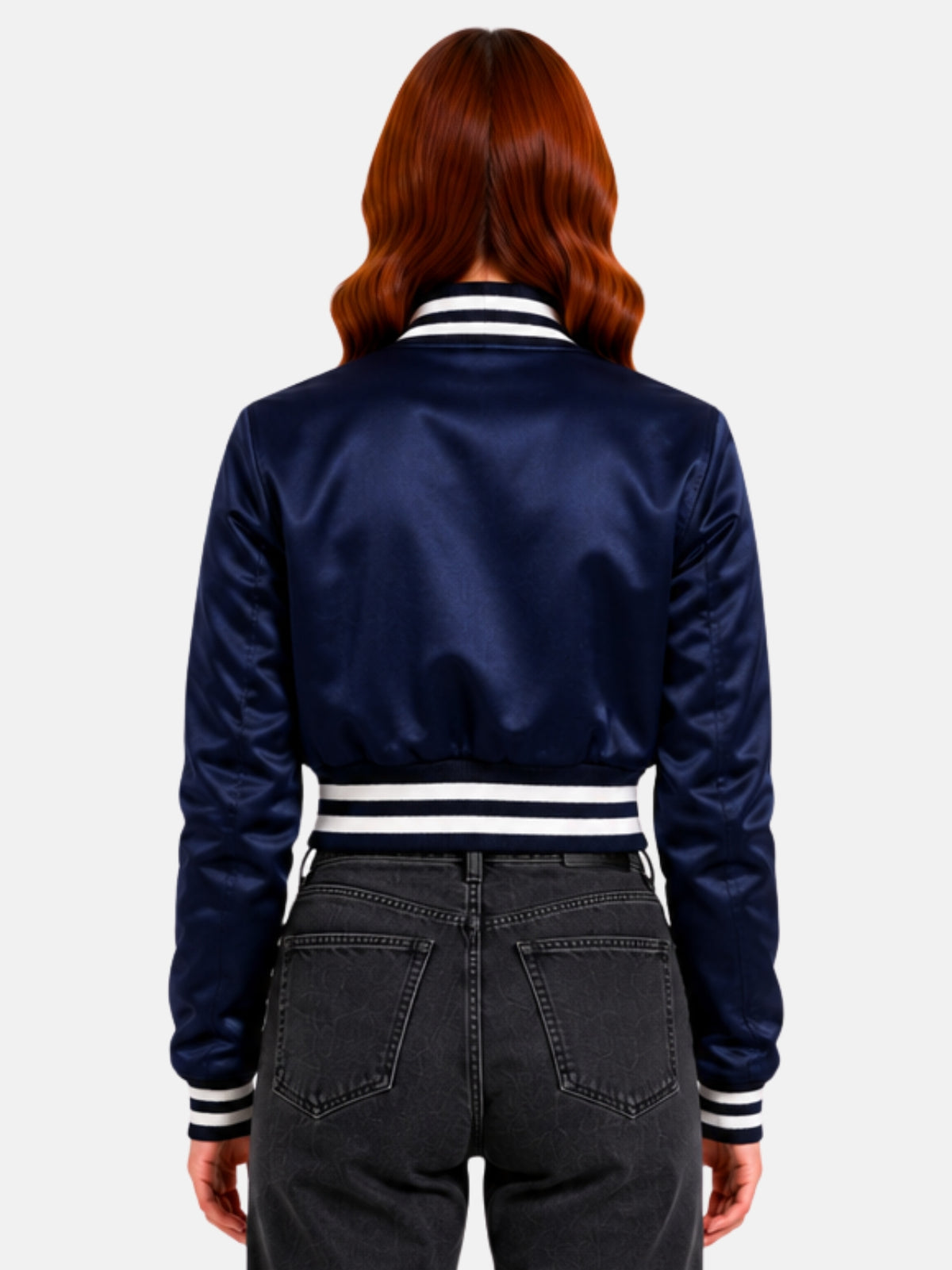 Back view of model showing the satin's sheen across the solid navy panel and ribbed waistband