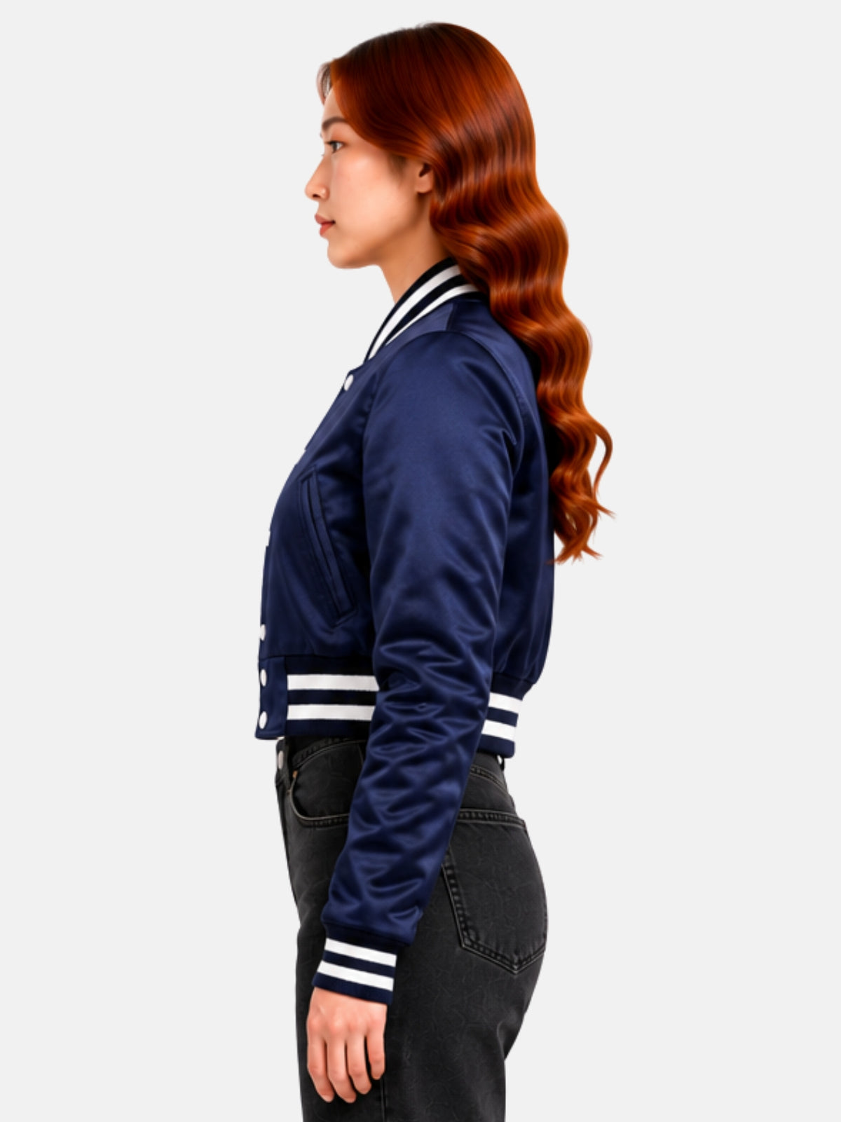 Side profile of model showing the besom pocket and white ribbed collar stripe on the satin jacket