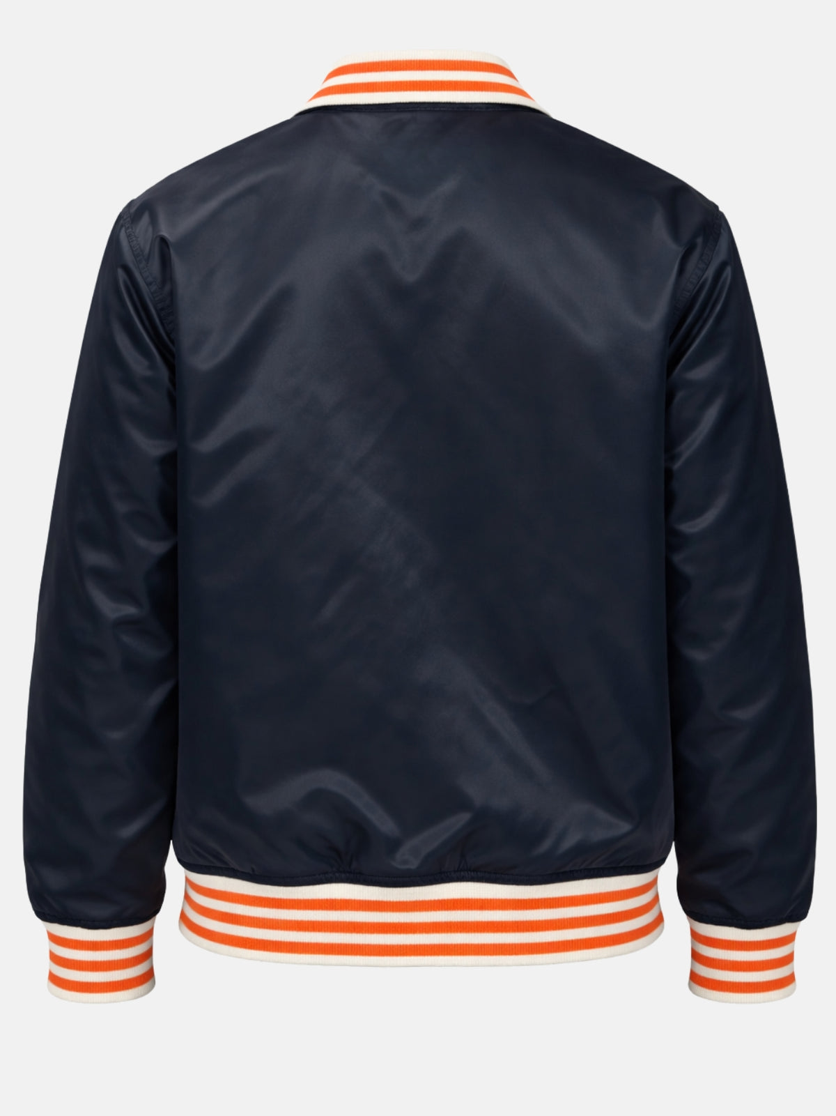 Flat lay back of navy satin jacket showing clean back panel