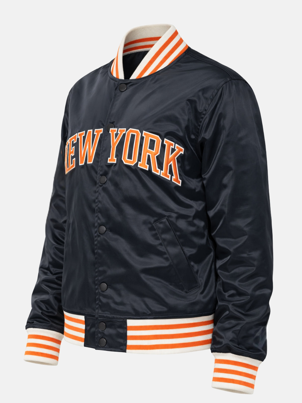 Flat lay front of navy satin jacket highlighting orange ribbed collar