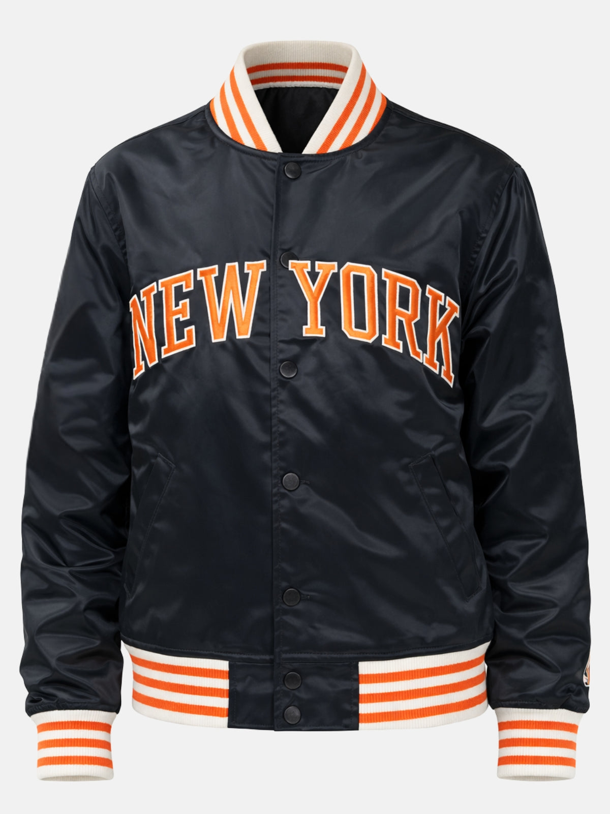 Flat lay front of navy satin jacket with New York chest embroidery