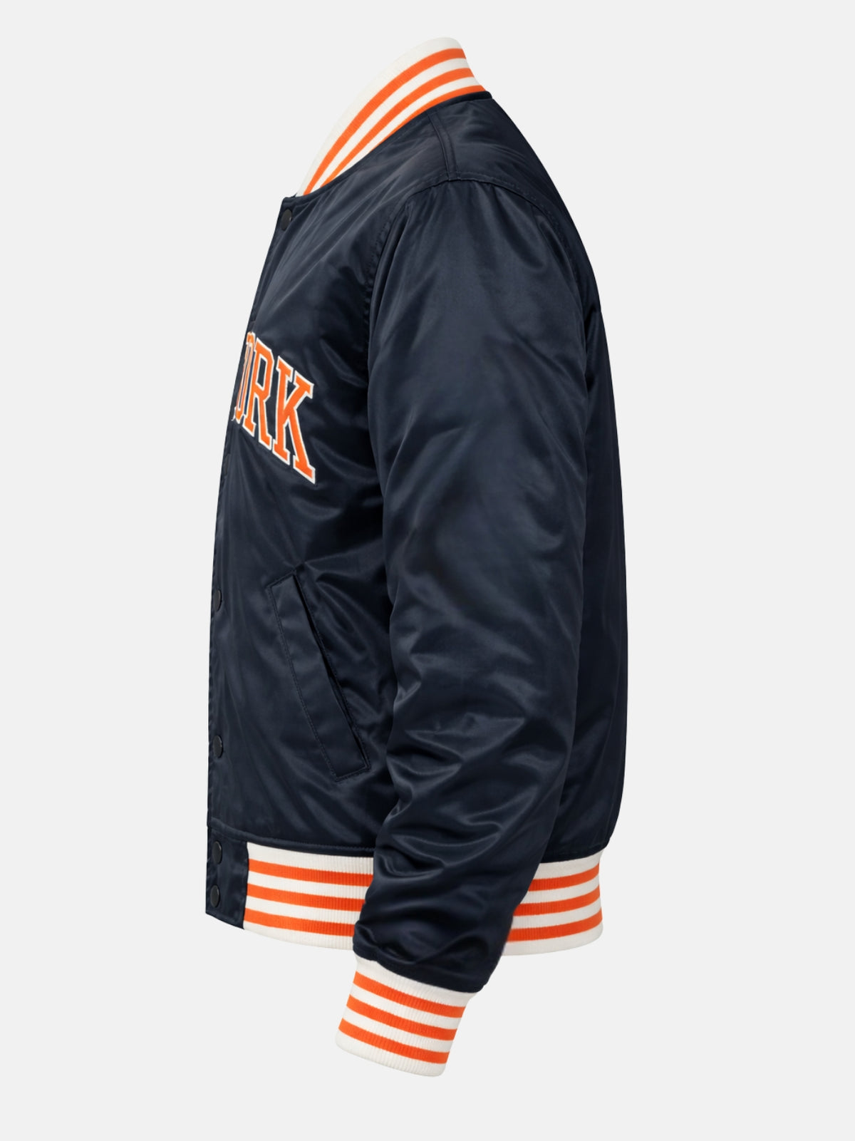 Flat lay side view of navy satin jacket with sleeve logo patch detail