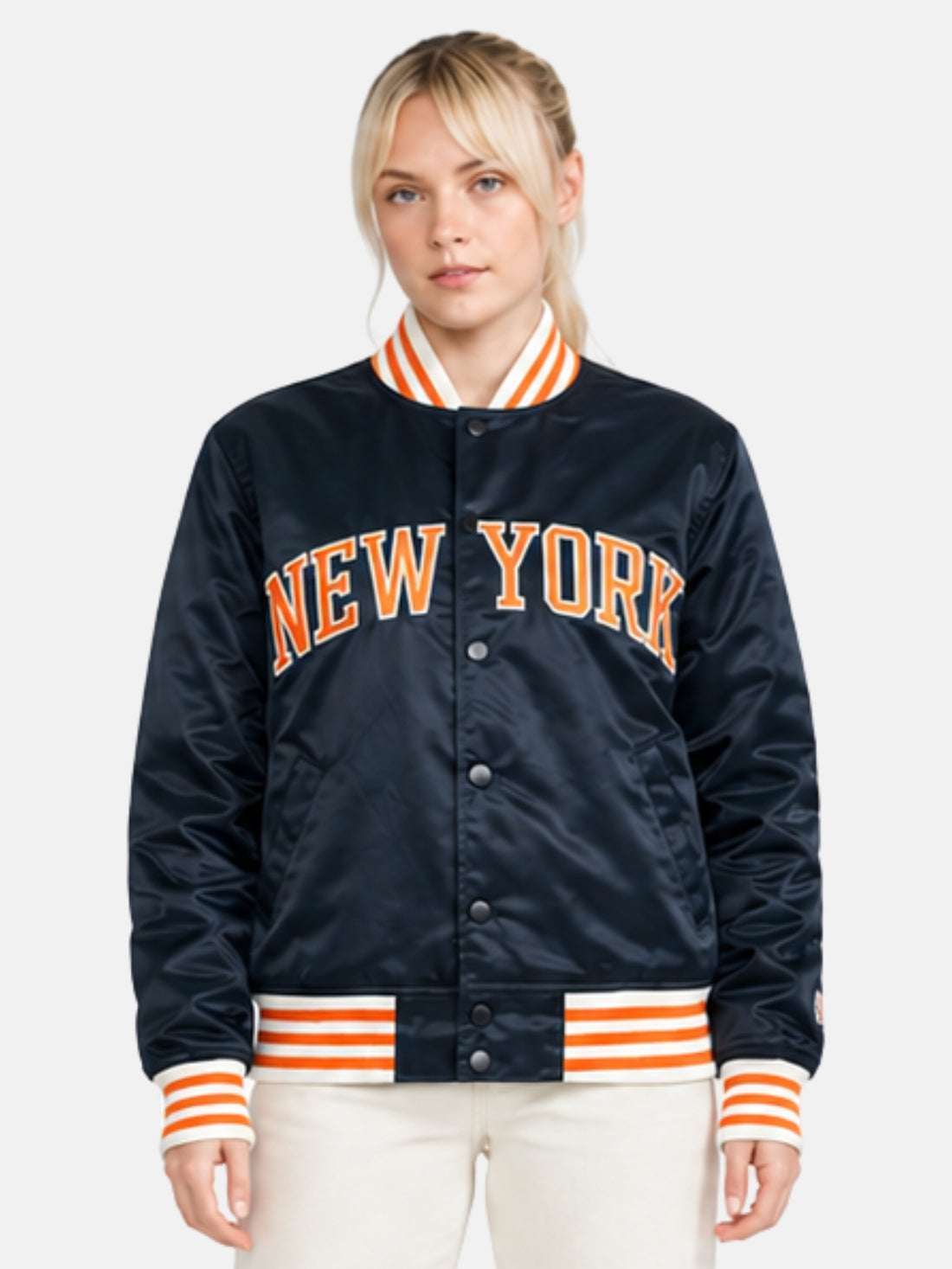Navy satin varsity jacket with embroidered New York chest wordmark
