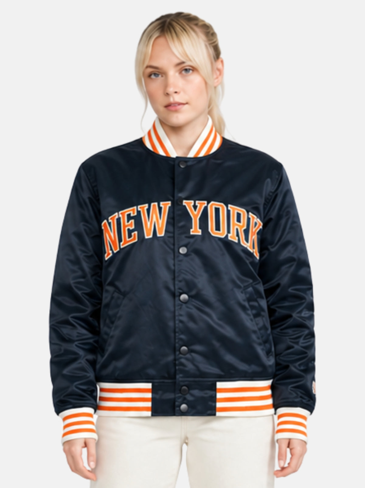 Navy satin varsity jacket with embroidered New York chest wordmark