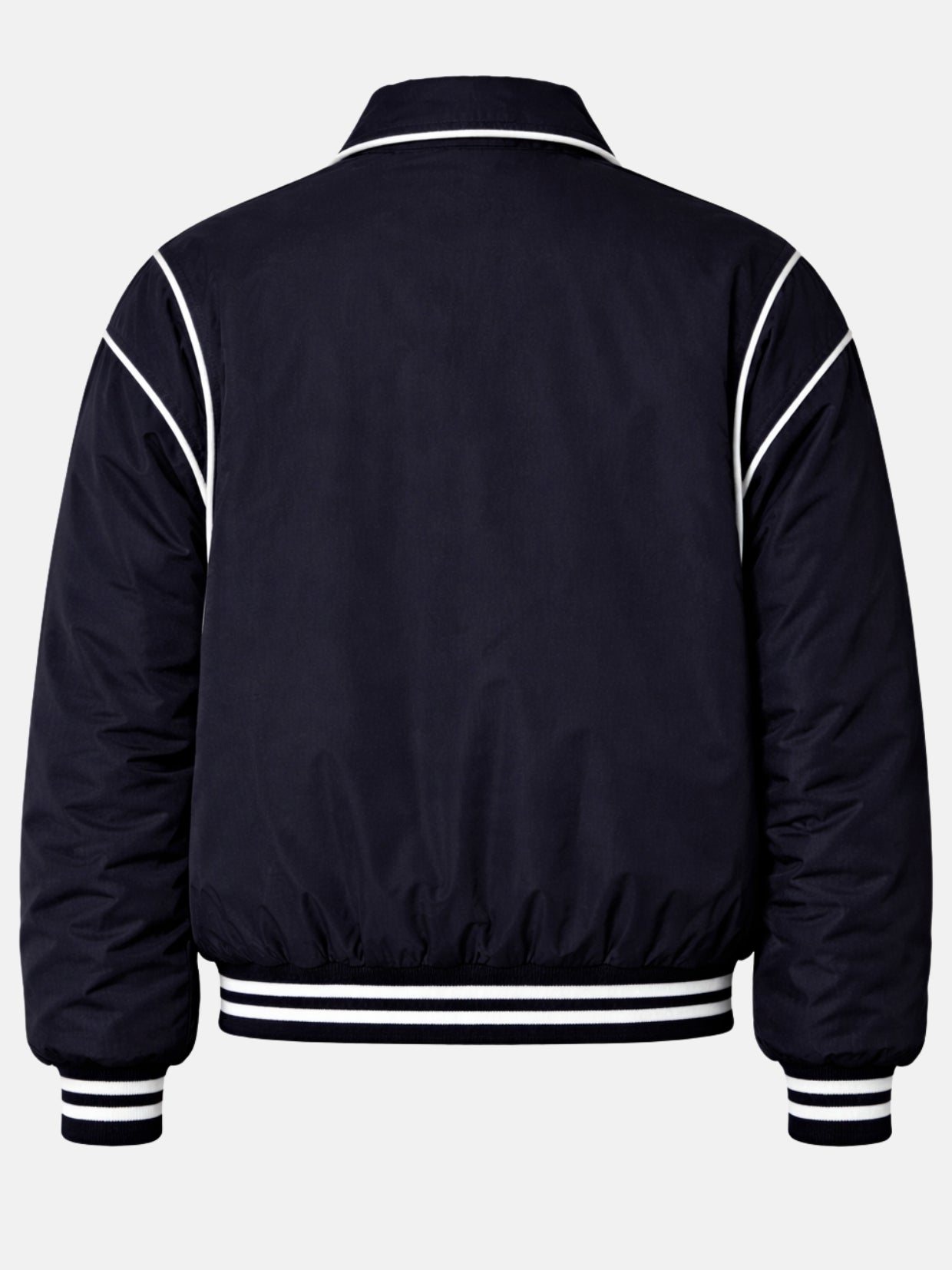 Flat lay back of navy satin jacket showing curved piped seam detail