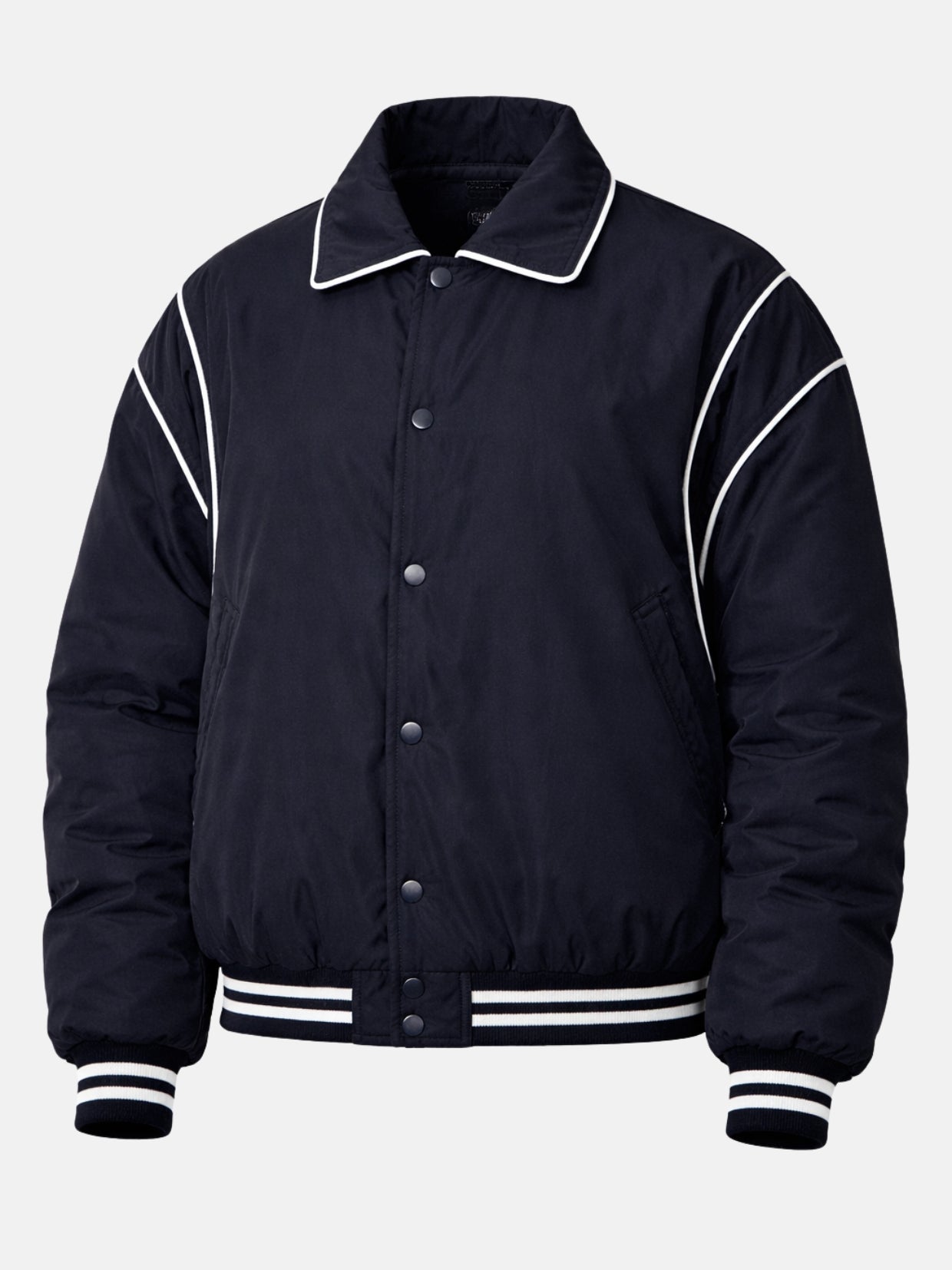 Flat lay front of navy satin puffer jacket highlighting quilted texture
