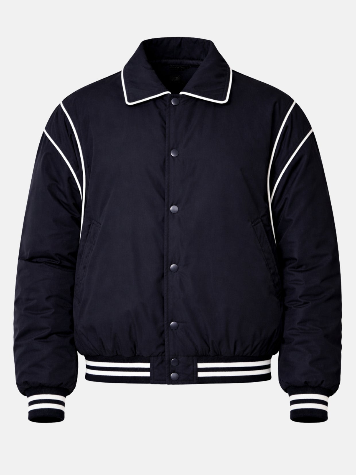 Flat lay front of navy satin jacket with white piping and snap closure