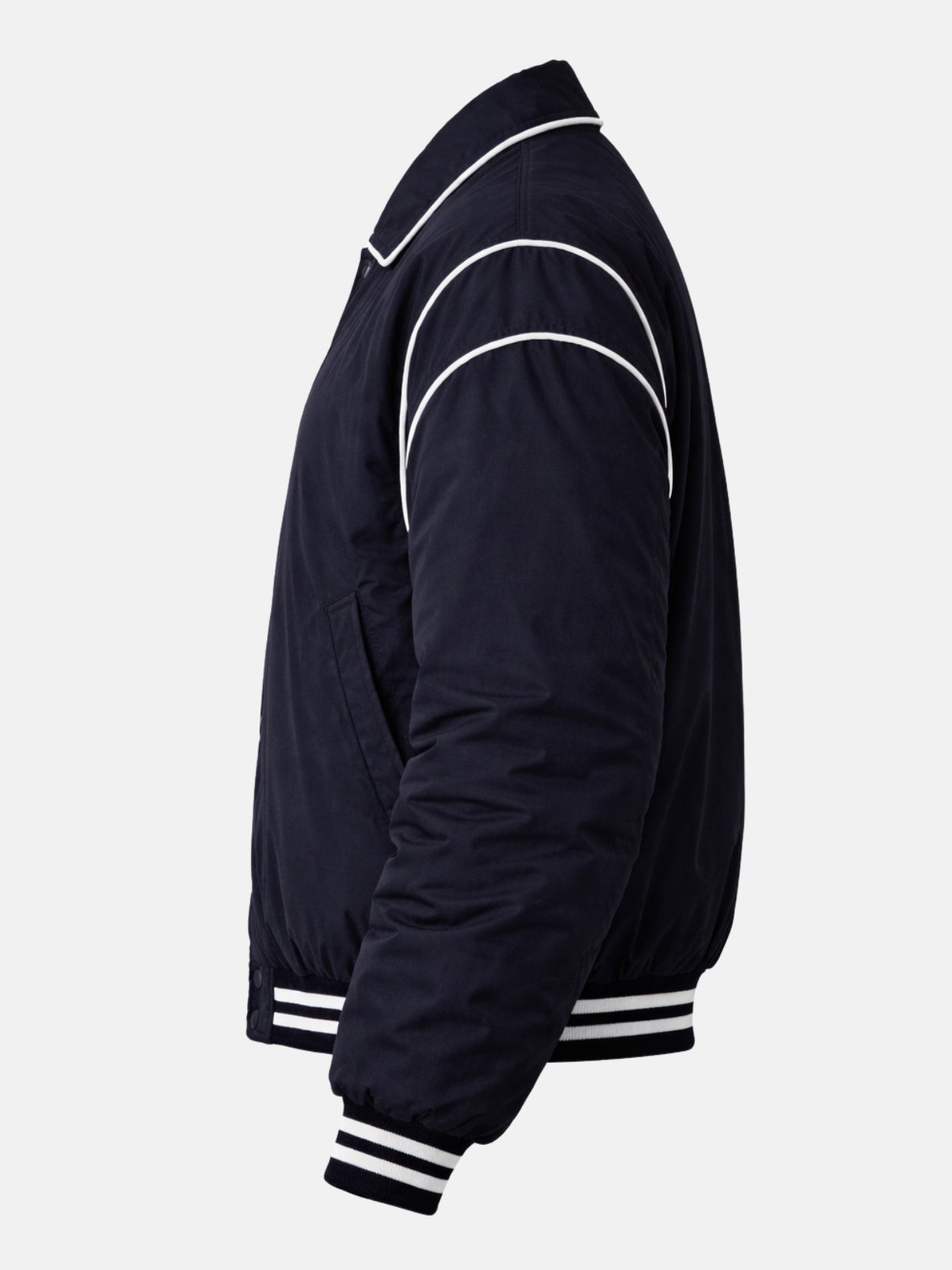 Flat lay side view of navy satin jacket with white double-stripe cuff