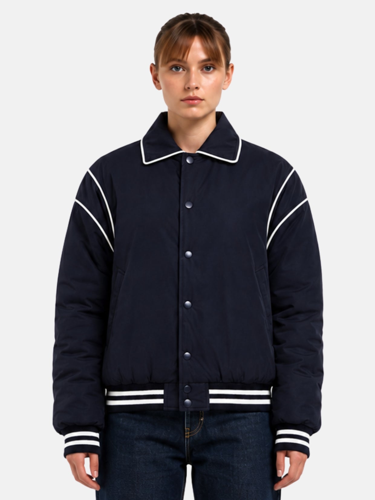 Navy satin varsity jacket with curved white piping and pointed collar