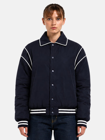 Navy satin varsity jacket with curved white piping and pointed collar