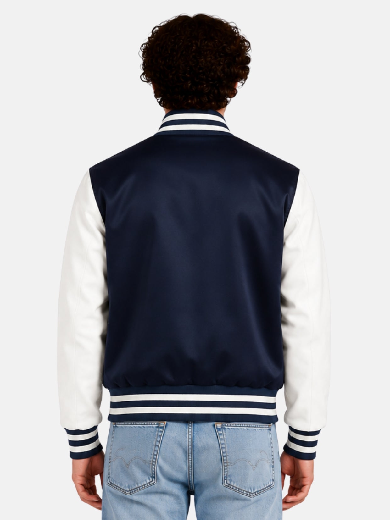 Back view of navy satin varsity jacket with clean, patch-free back panel