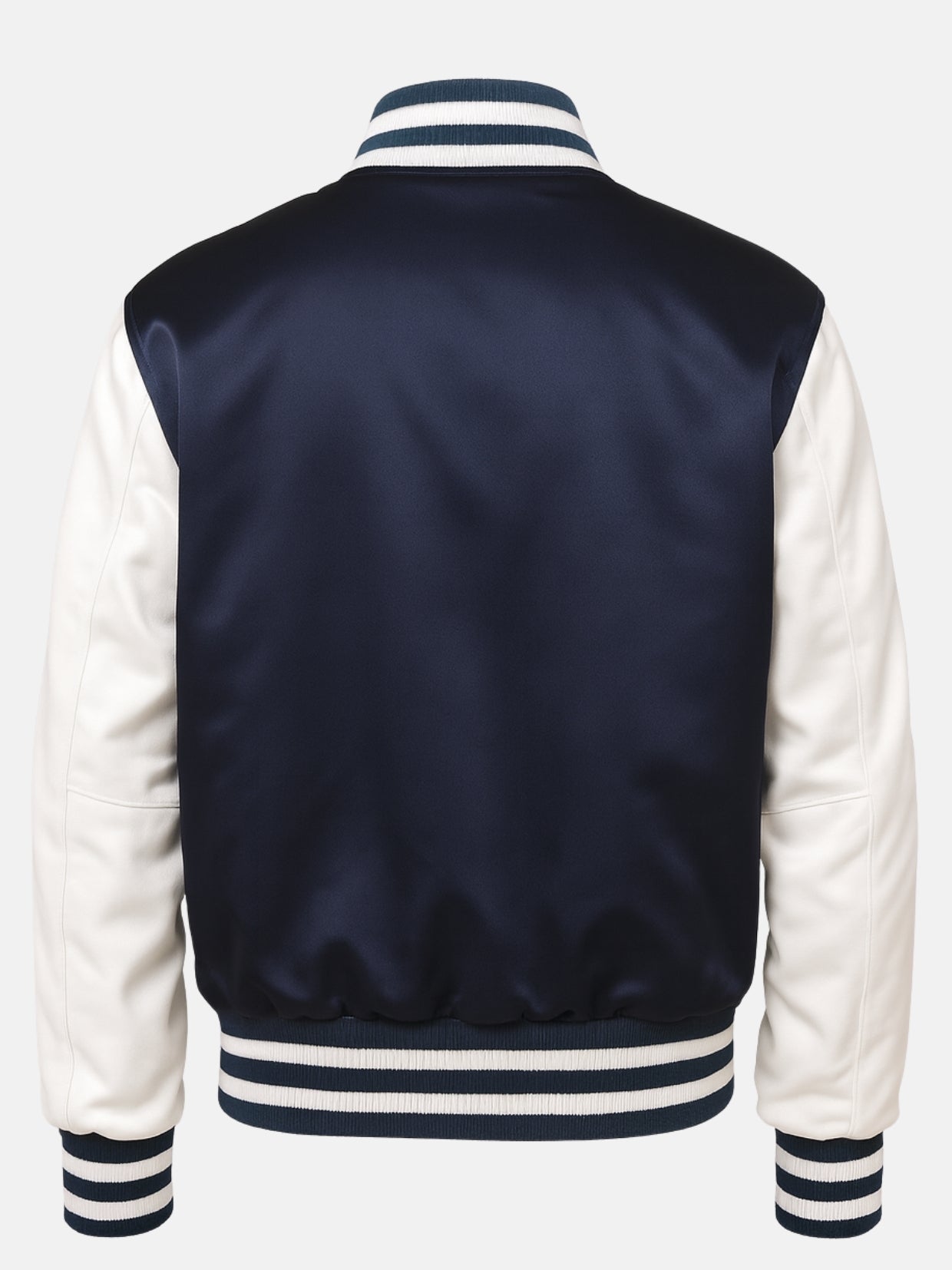 Flat back shot of navy satin varsity jacket with white sleeves and striped hem
