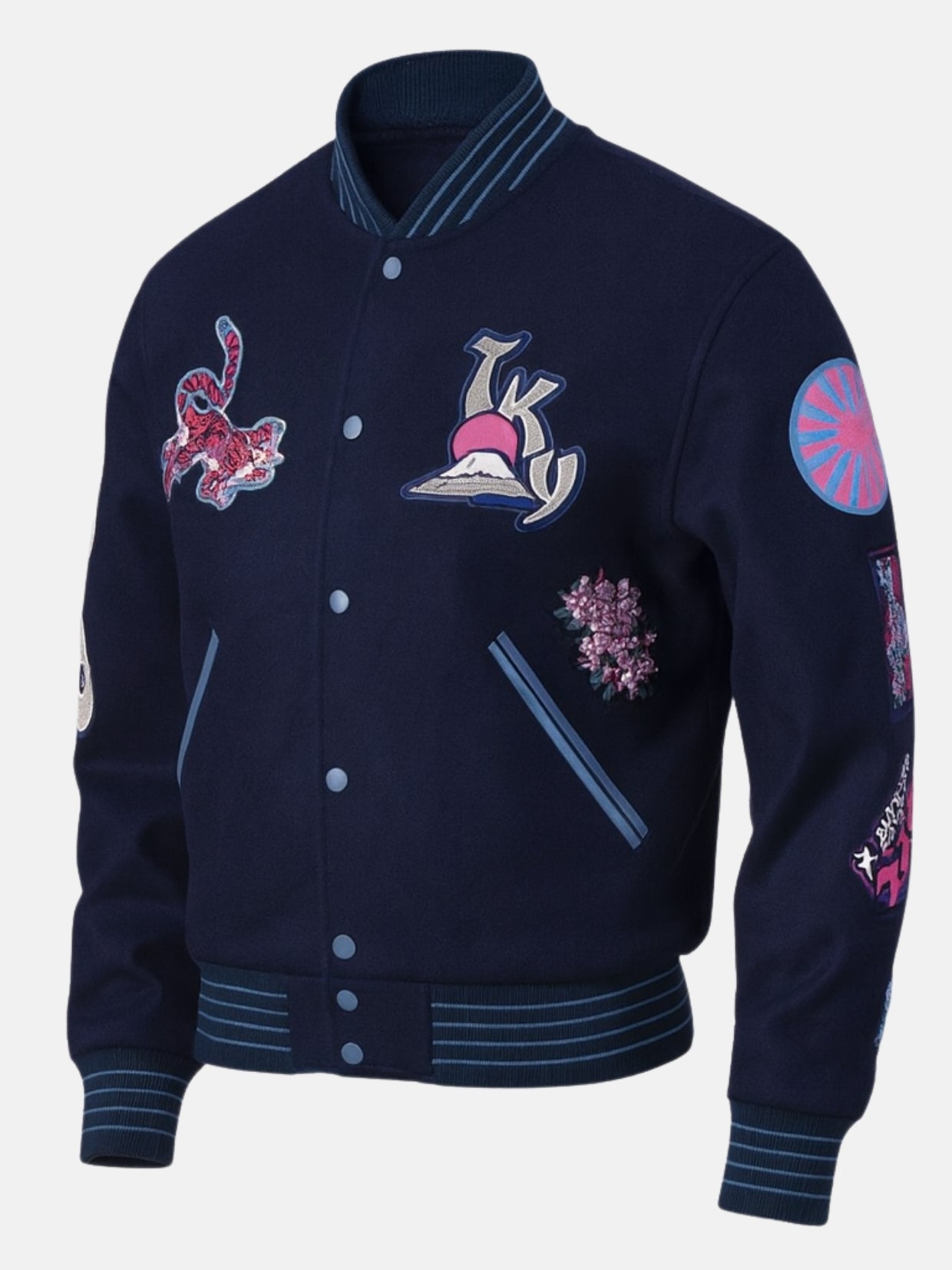 Angled view of navy sukajan-style varsity jacket with rising-sun sleeve roundel