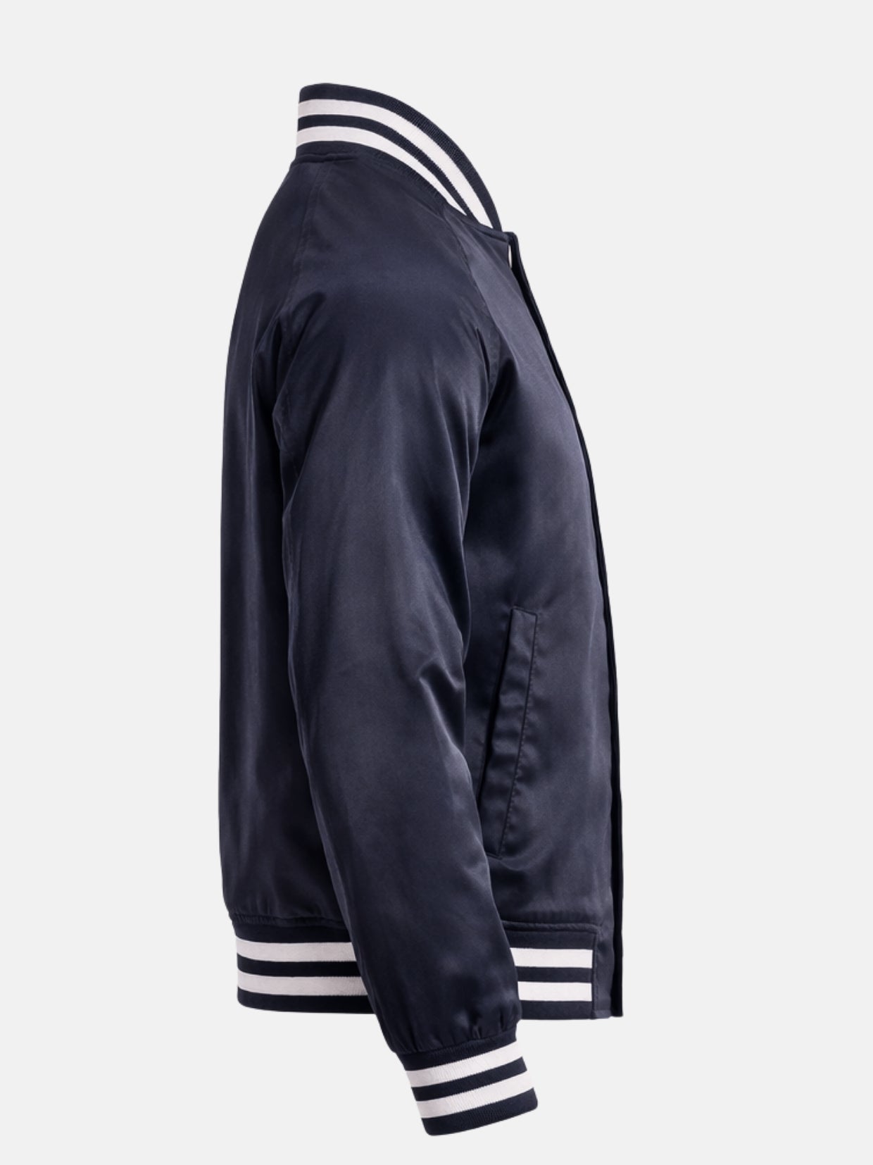 Side flat view showing tonal side-entry slit pocket and striped hem