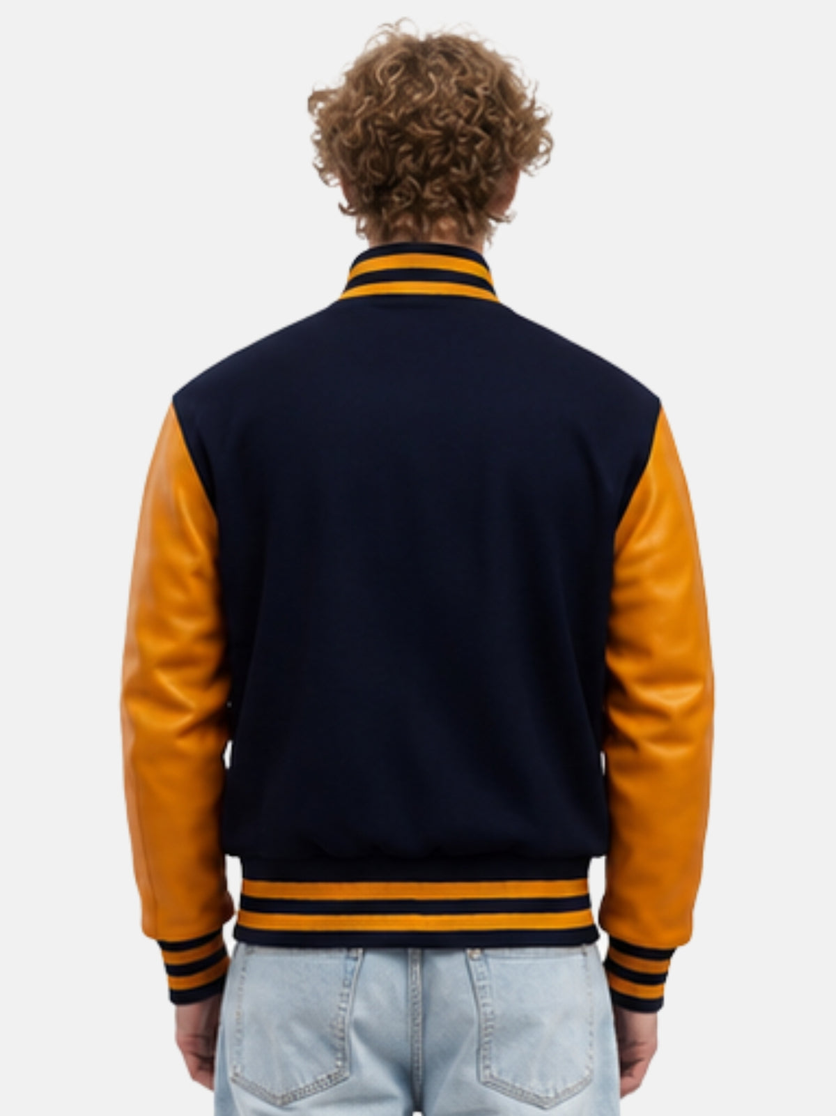 Model showing plain unpatched back of navy letterman jacket, ready for custom chenille patches