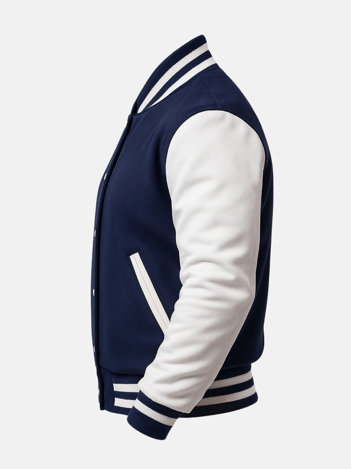 White leather sleeve with navy striped knit cuff on wool varsity jacket, side view