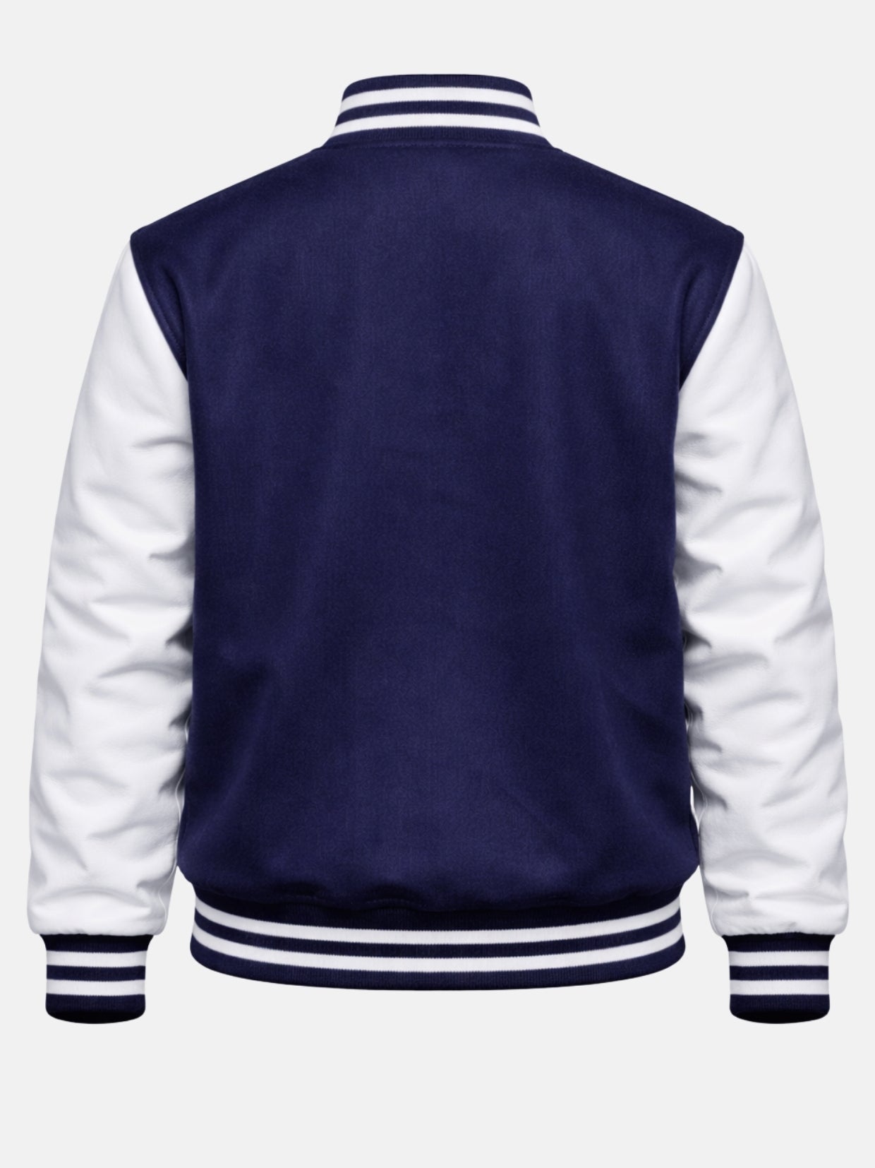 Flat back shot of navy wool varsity jacket with white leather sleeves