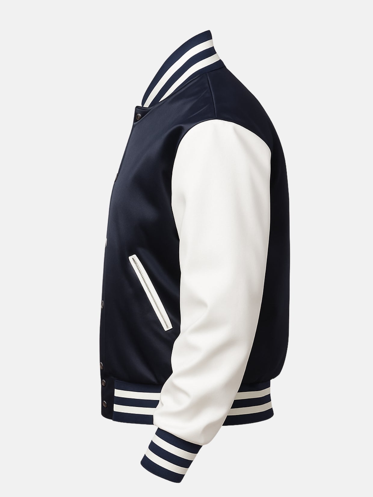 Flat side view of navy varsity jacket showing white satin sleeve and piped welt pocket